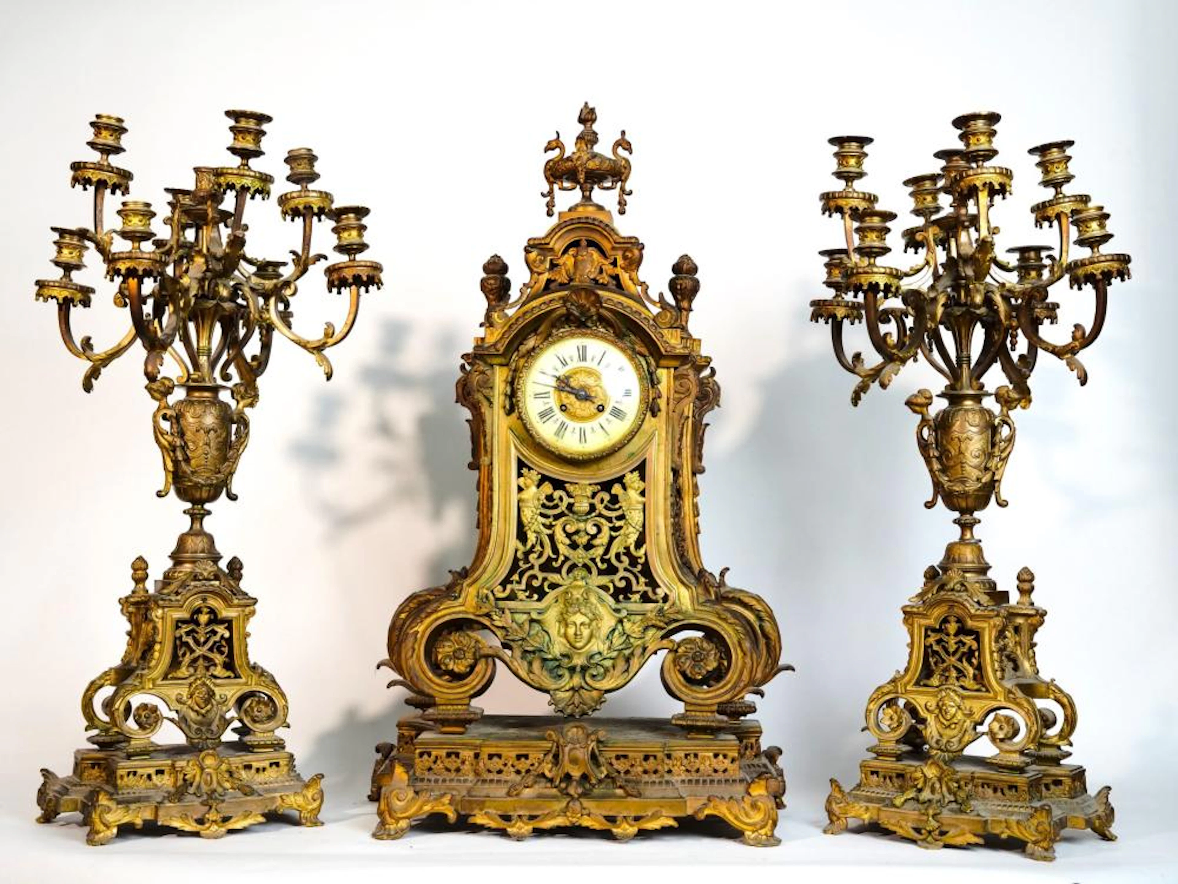Bronze clock and candelabra
