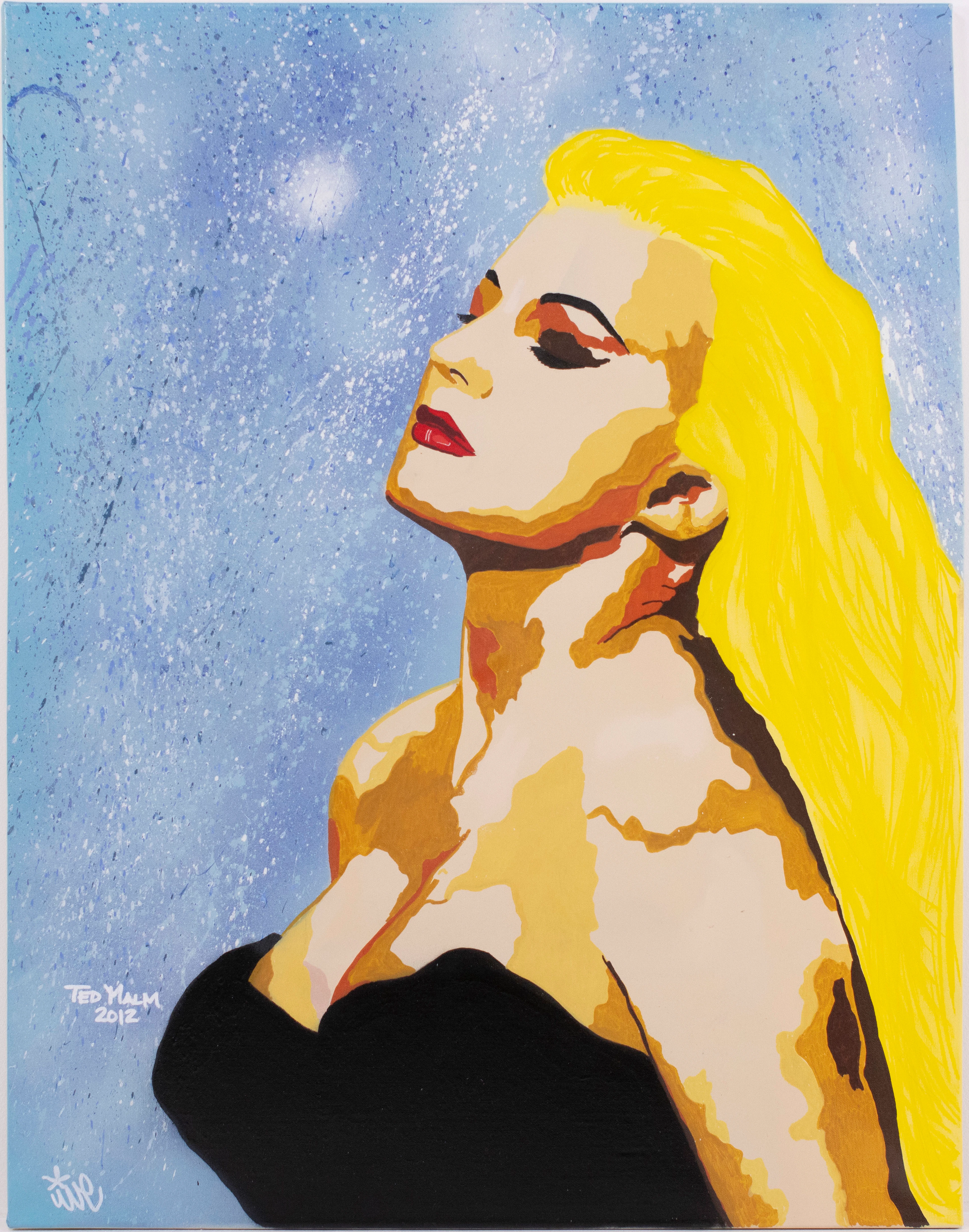 Ted Malm, akryl och sprayfärg på duk, porträtt av Anita Ekberg, 80 x 90 cm