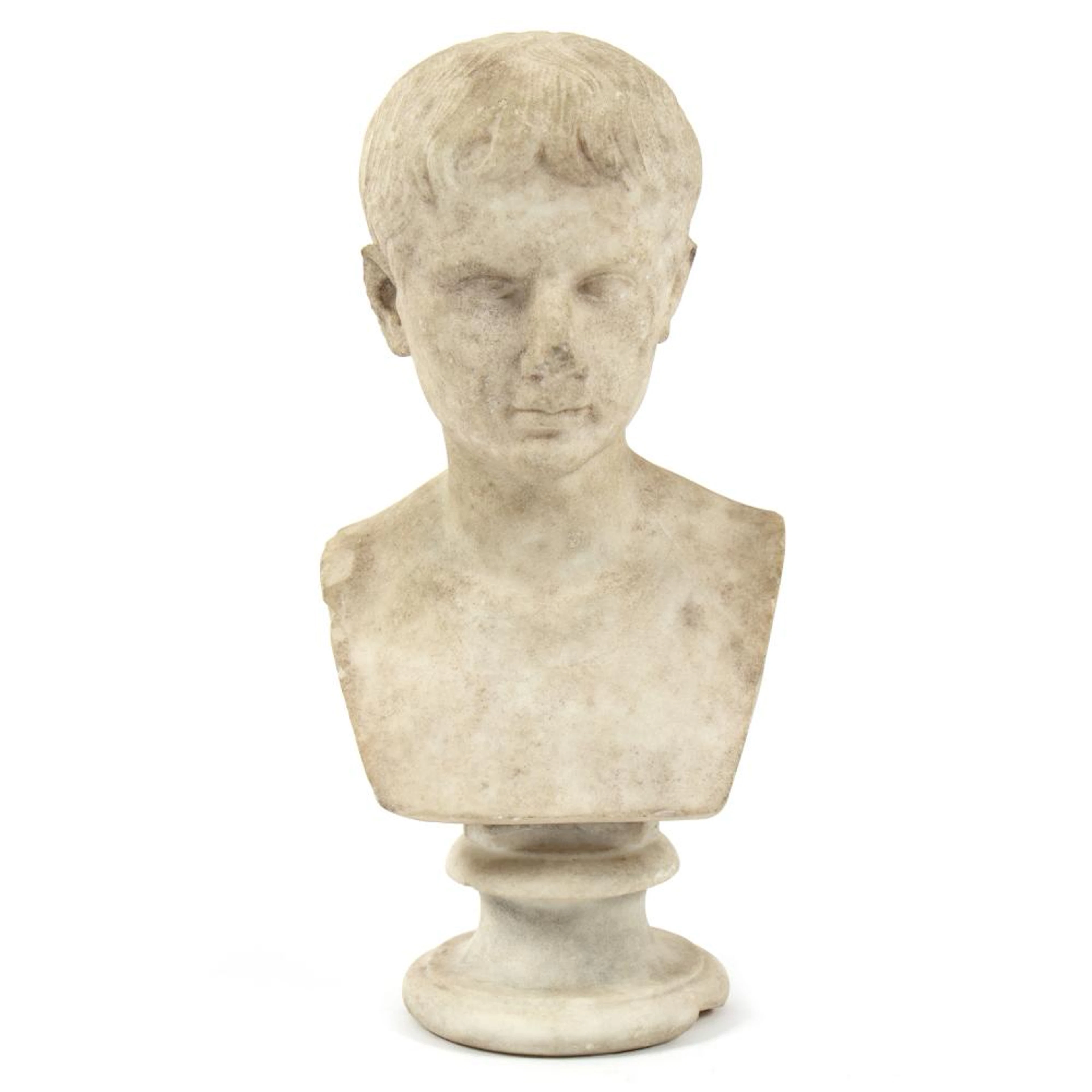 An antique Italian marble bust of Gaius on a socle base, 35cm high/