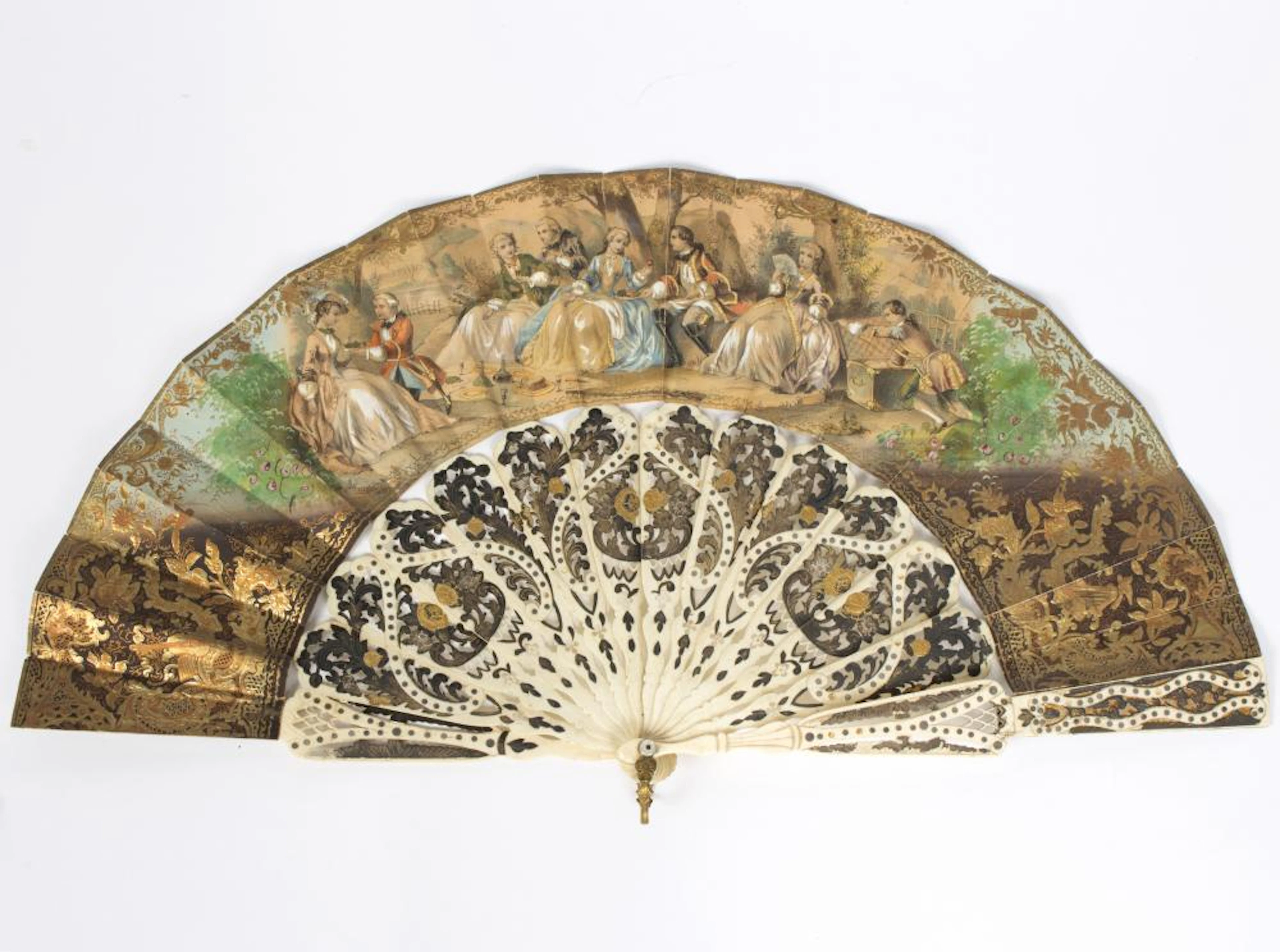 A 19th Century fan with pierced and sequined mother-of-pearl sticks