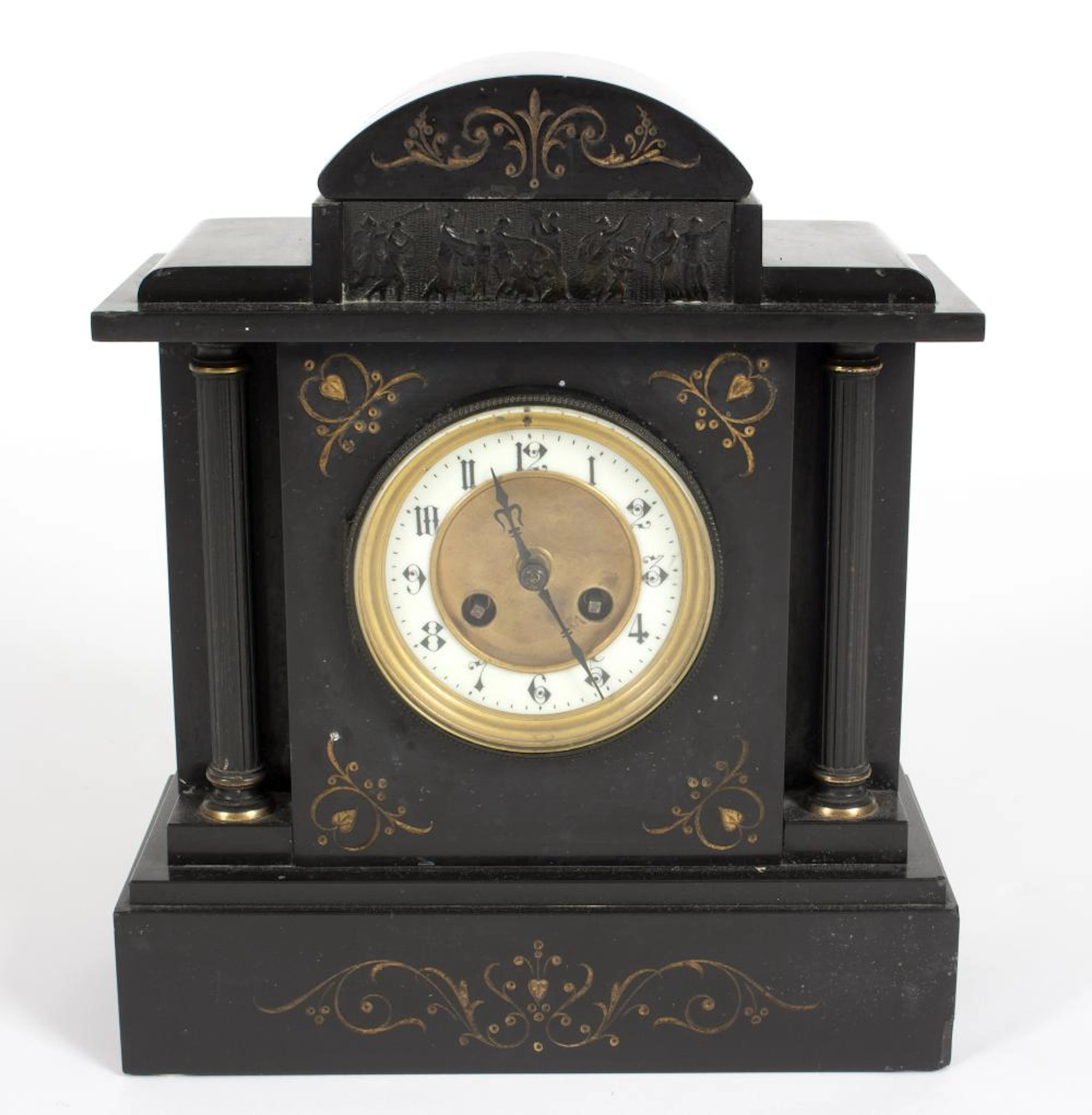 A Belgian black slate mantel clock in an architectural case, 33cm high
