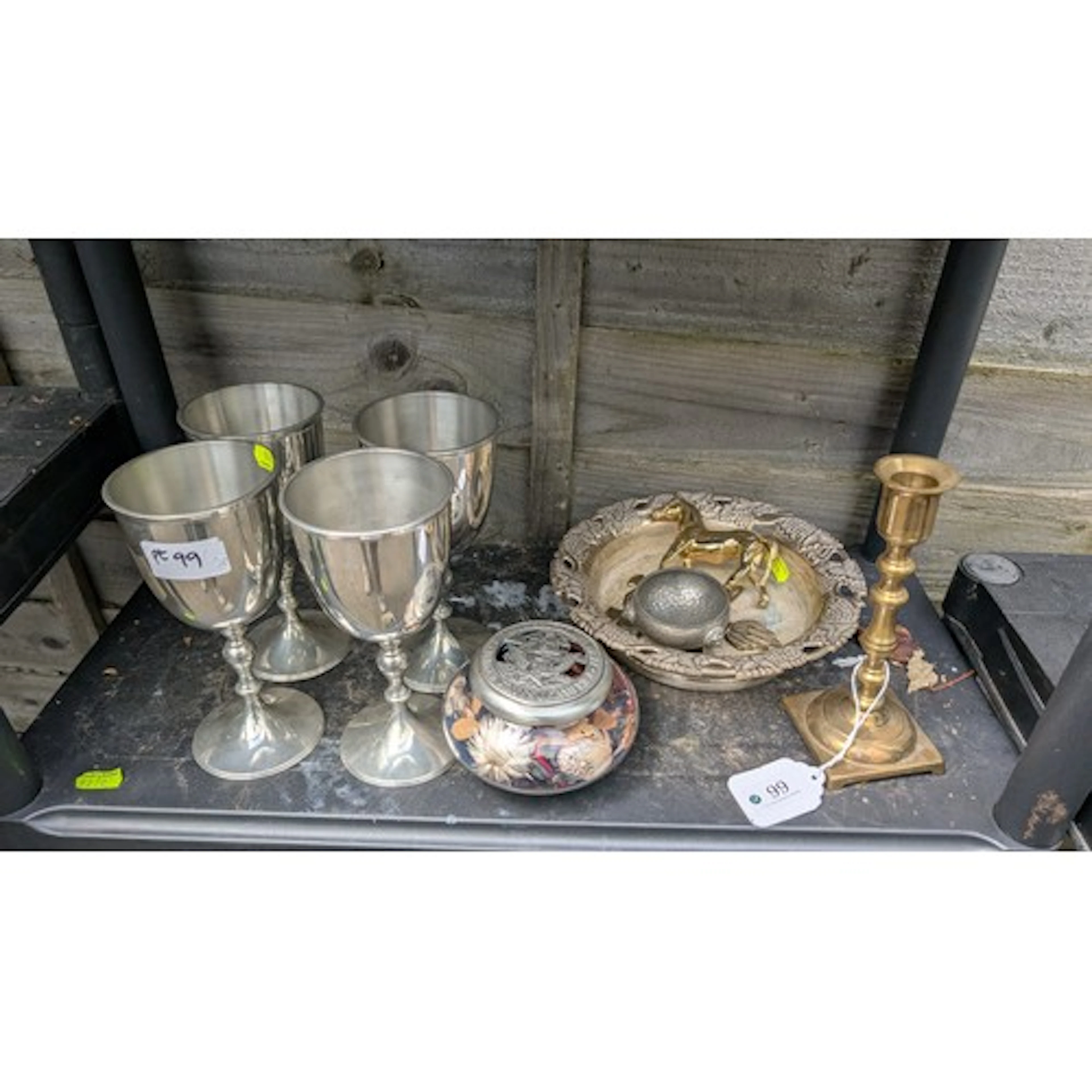 4 Selangor pewter goblets, small dish 'Department of the Nav...
