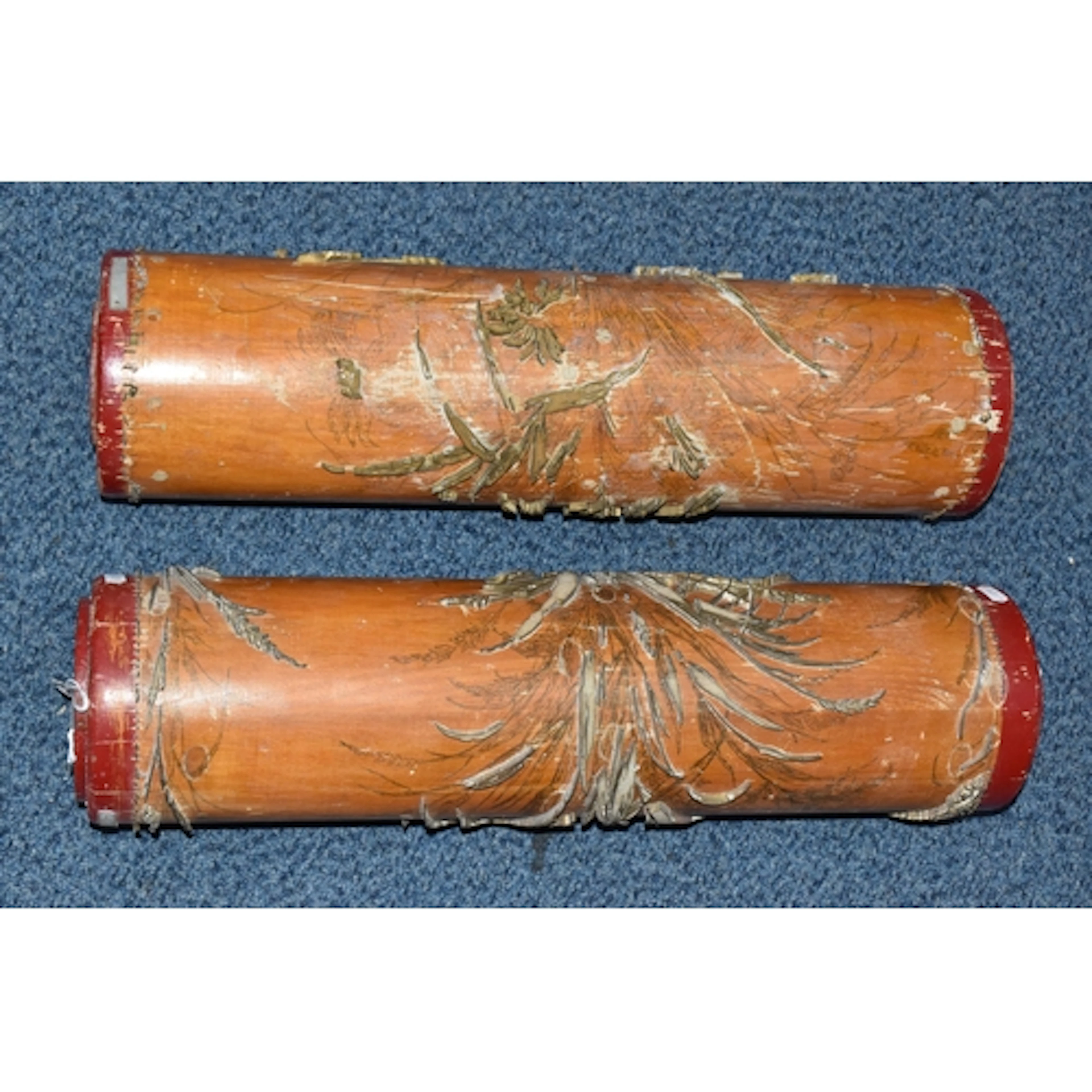 TWO WOODEN WALLPAPER PRINTING ROLLERS, printed with a number...
