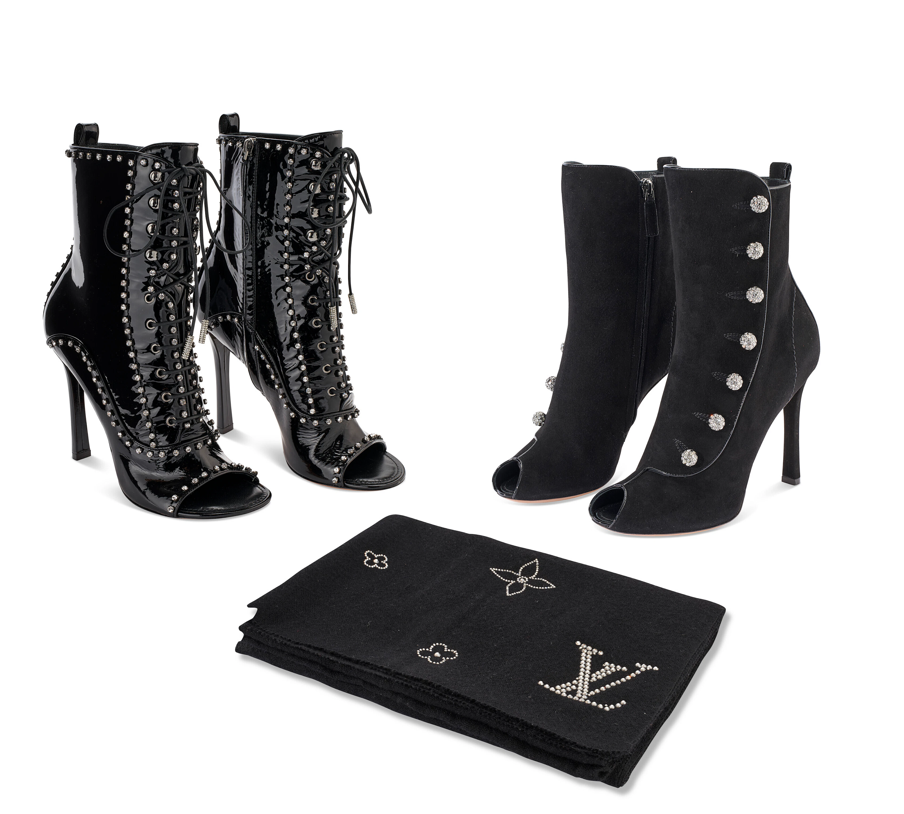 TWO PAIRS OF BLACK PEEP TOE HIGH HEEL ANKLE BOOTS AND A BLACK CASHMERE SCARF