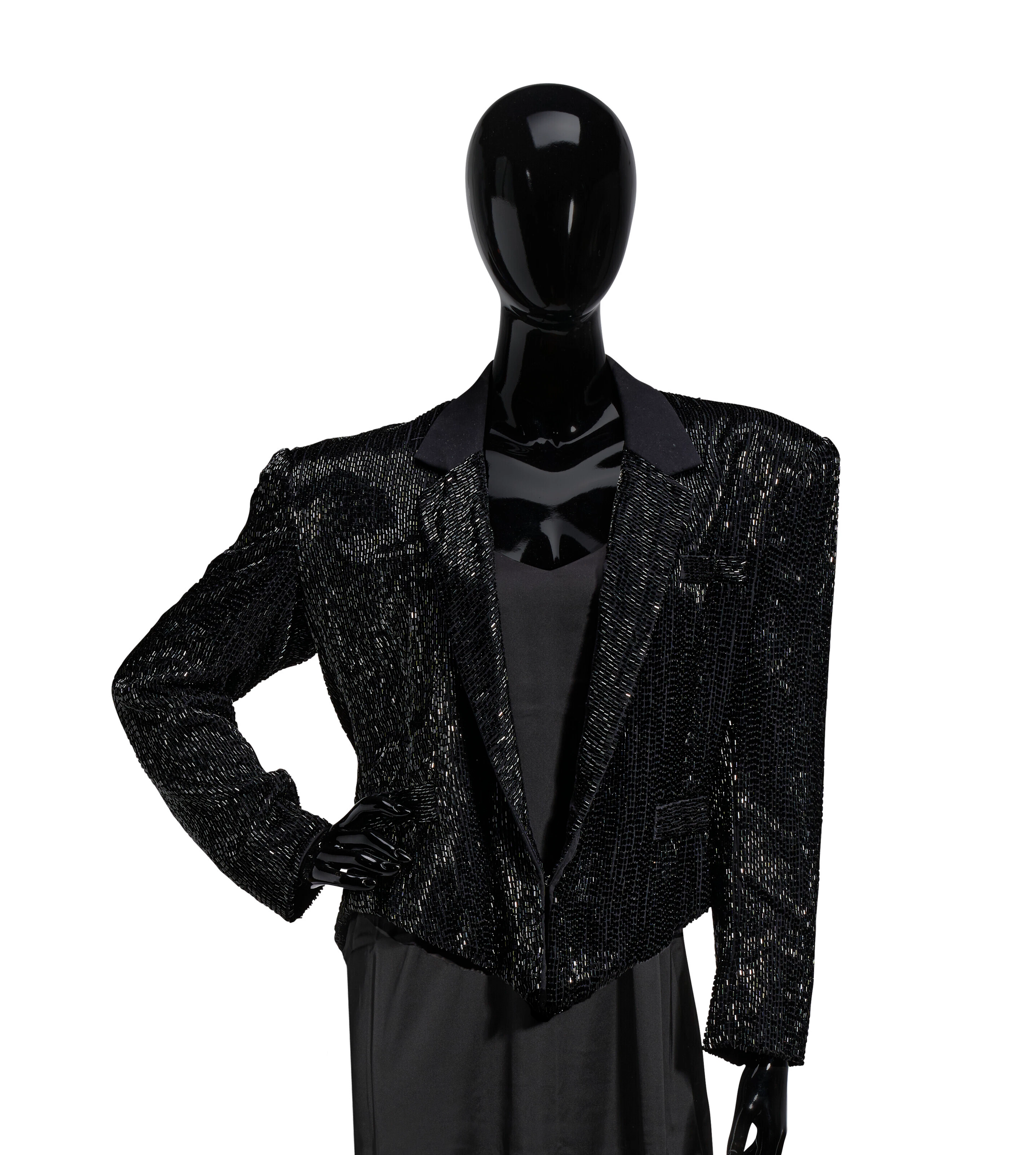 A BLACK BEADED TUXEDO JACKET