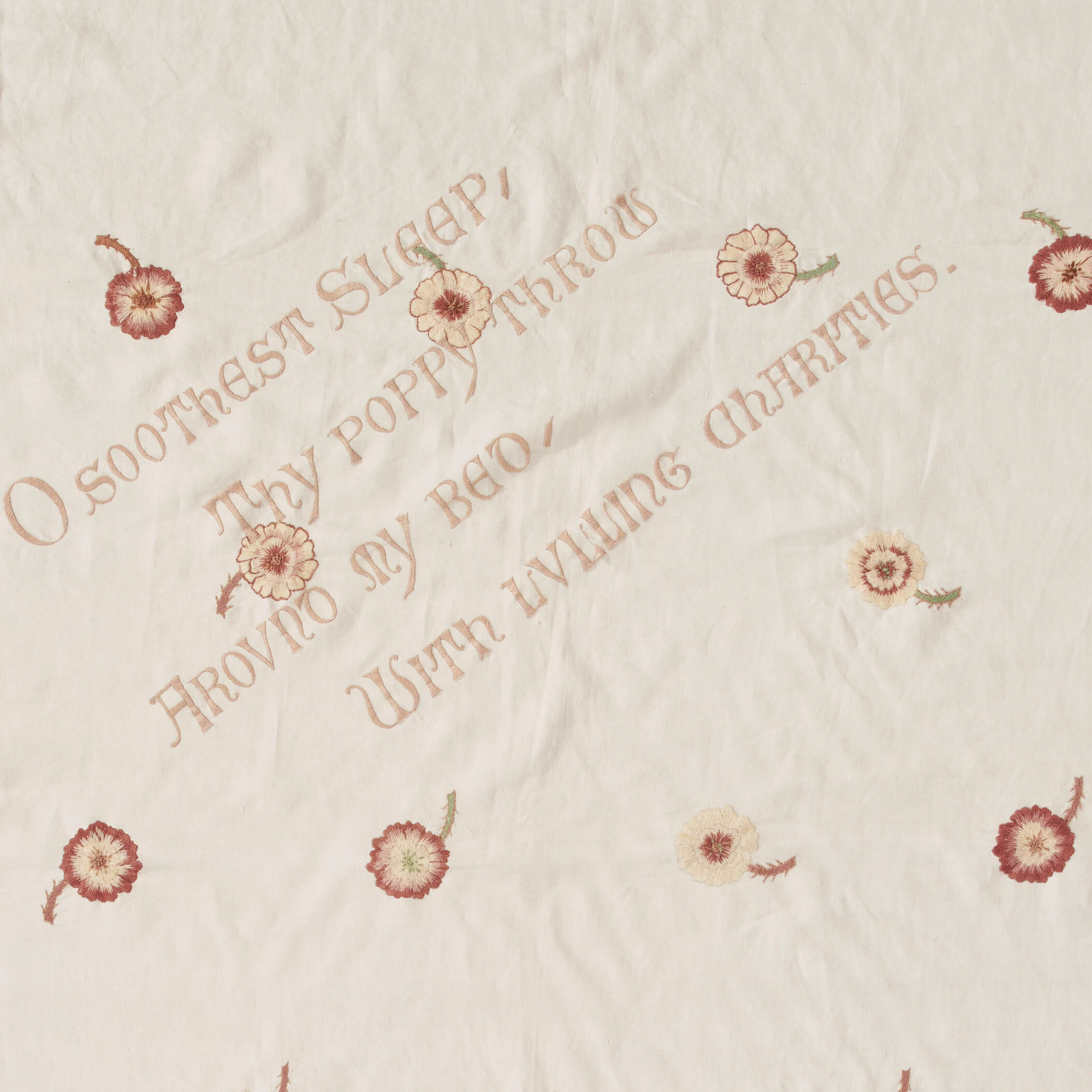 AN ENGLISH EMBROIDERED LINEN BED COVER