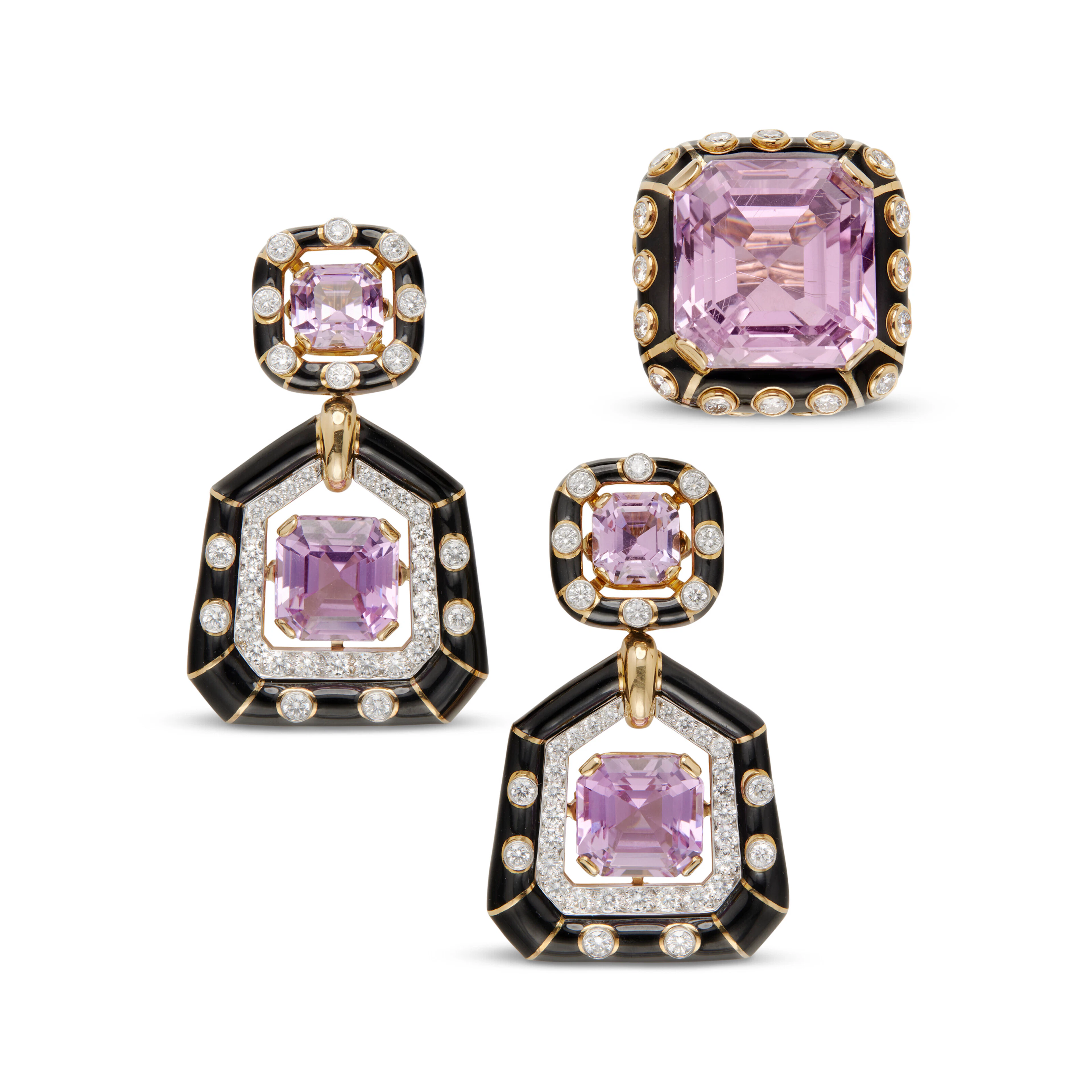 DAVID WEBB BOUCLES D'OREILLES 'BAMBOO' ET BAGUE KUNZITES, ÉMAIL ET DIAMANTS
