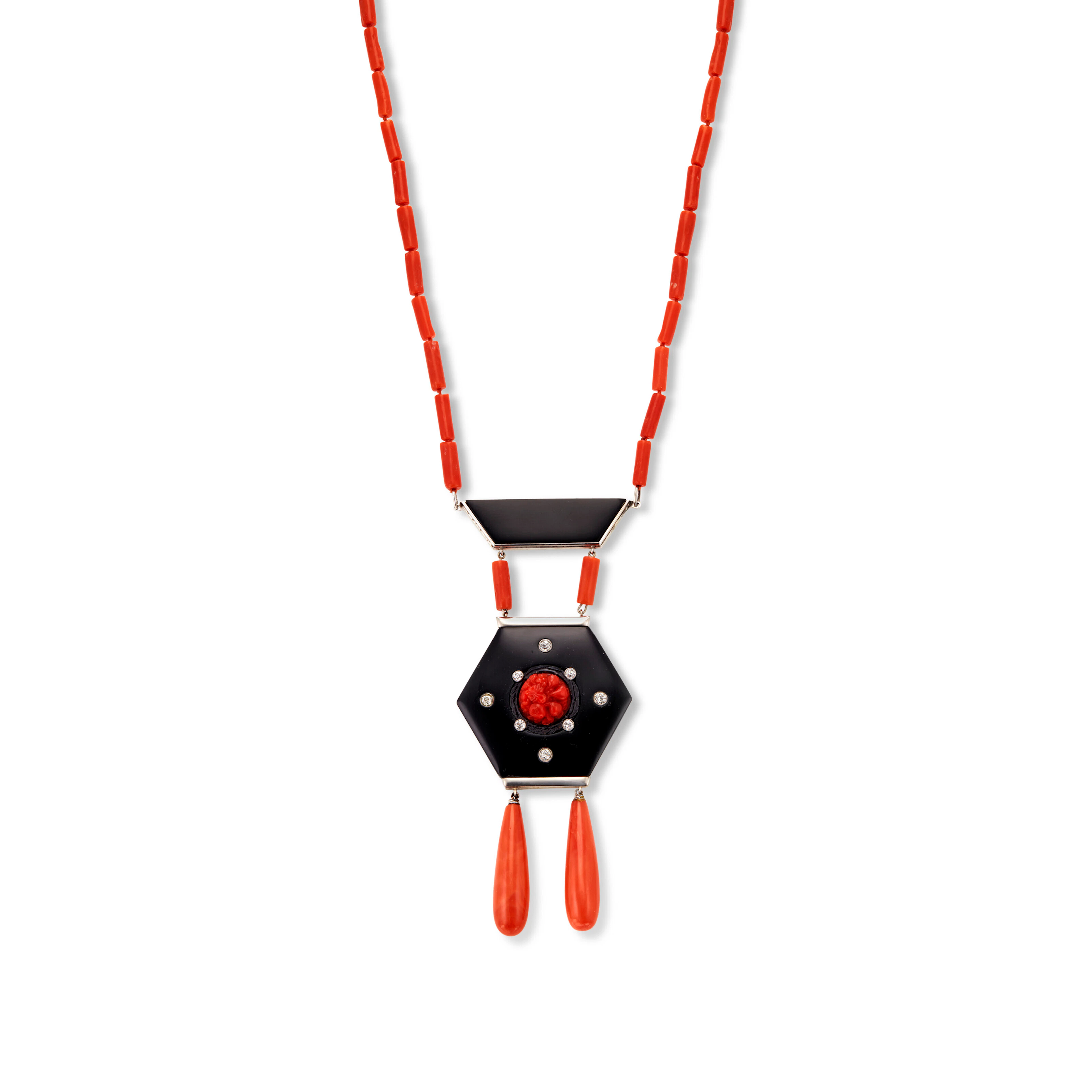 GEORGES FOUQUET SAUTOIR ART DÉCO CORAIL, ONYX ET DIAMANTS