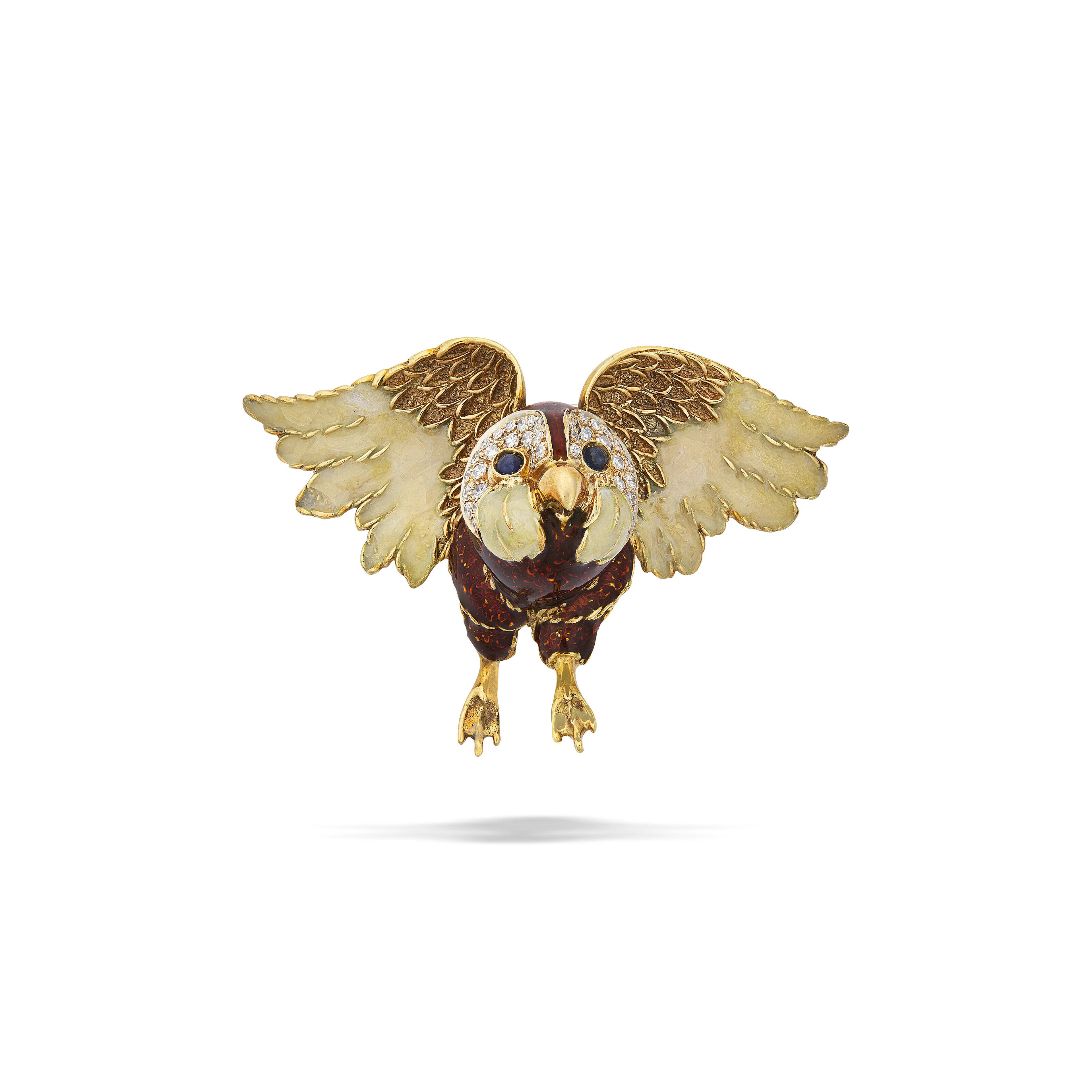 FRASCAROLO ENAMEL, SAPPHIRE AND DIAMOND OWL BROOCH