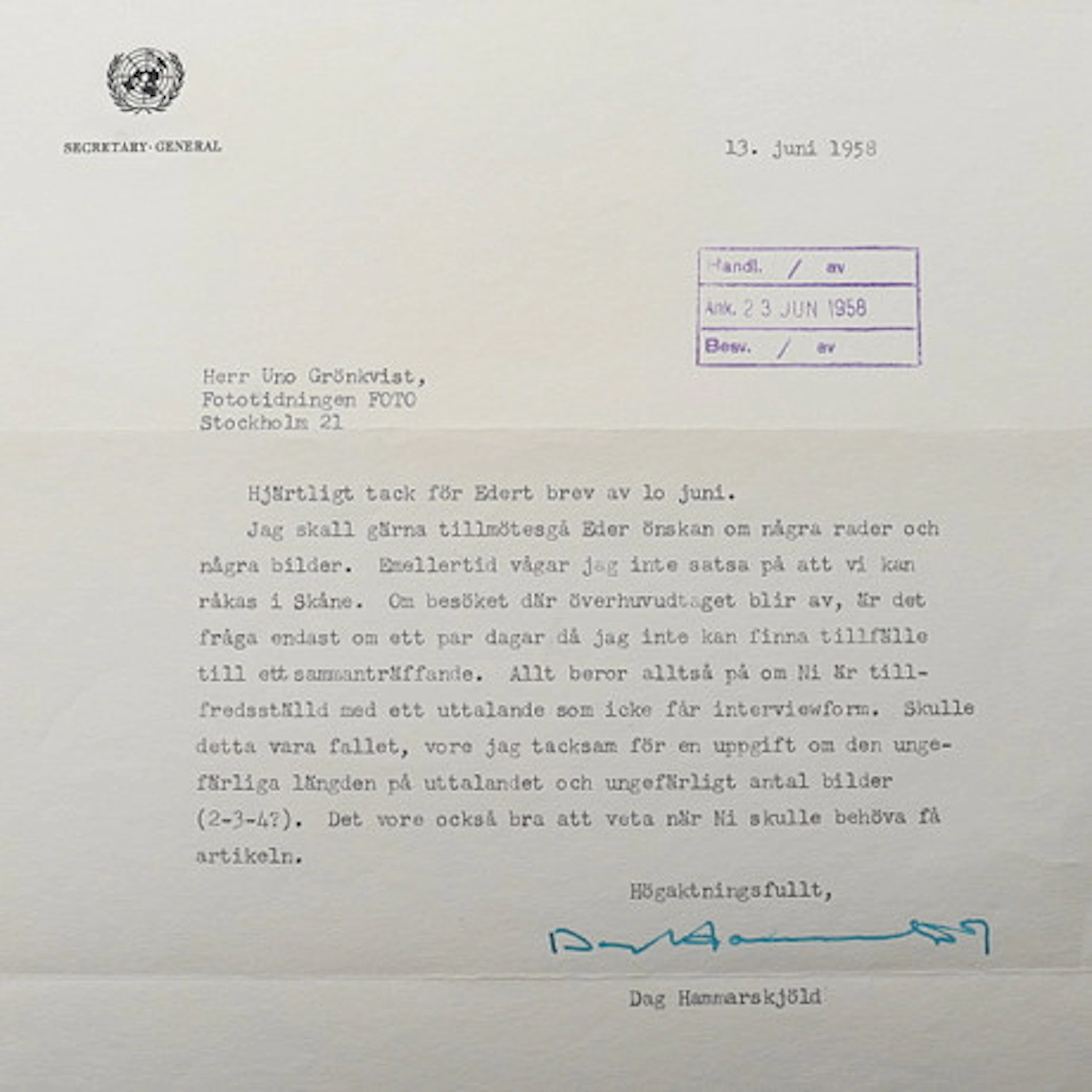 AUTOGRAF. Dag Hammarskjöld (1906-1961). Ge…