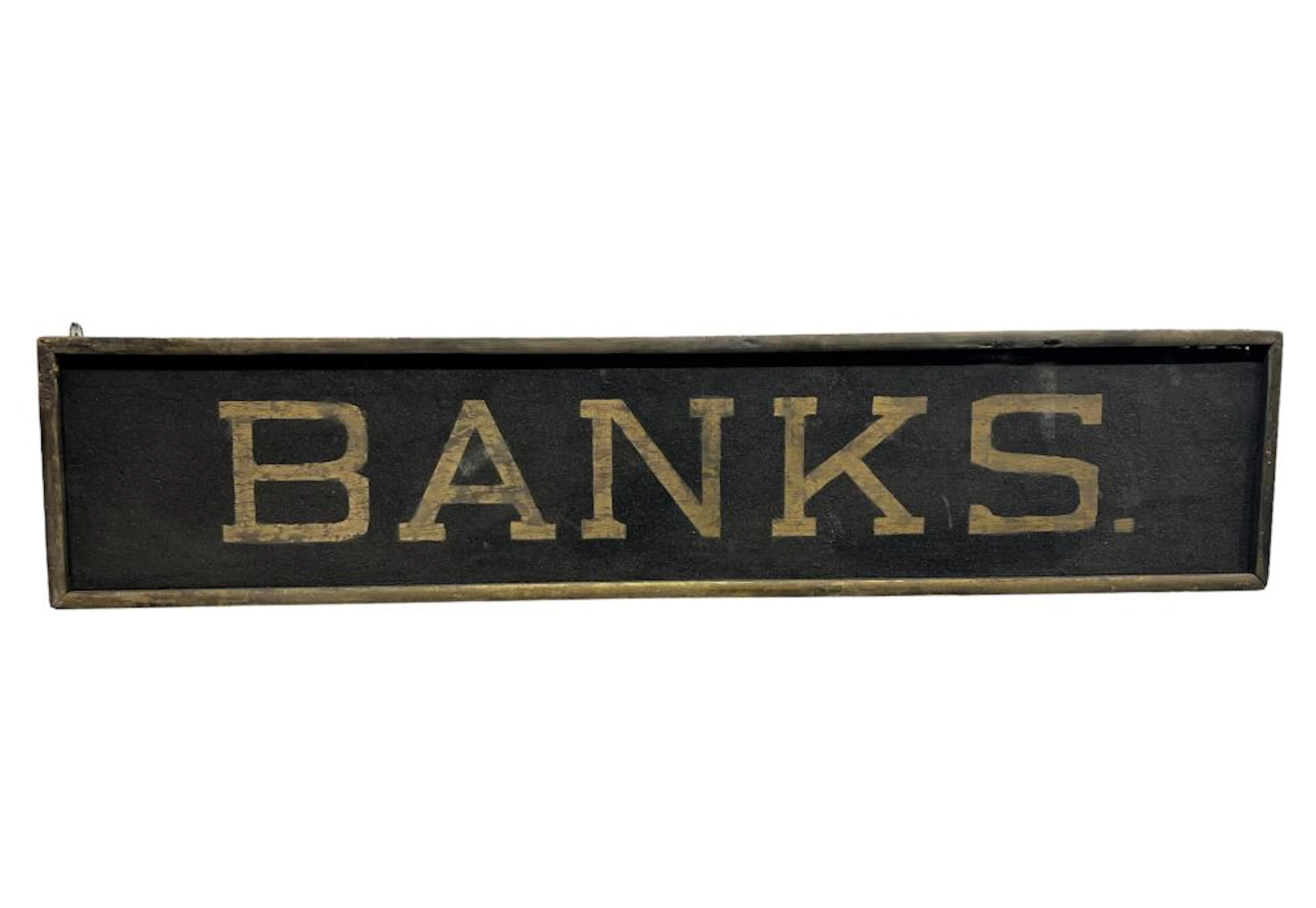 19th C. Wood Trade Sign - "Banks" smaltz paint / 80 1/2" x 17 1/2"