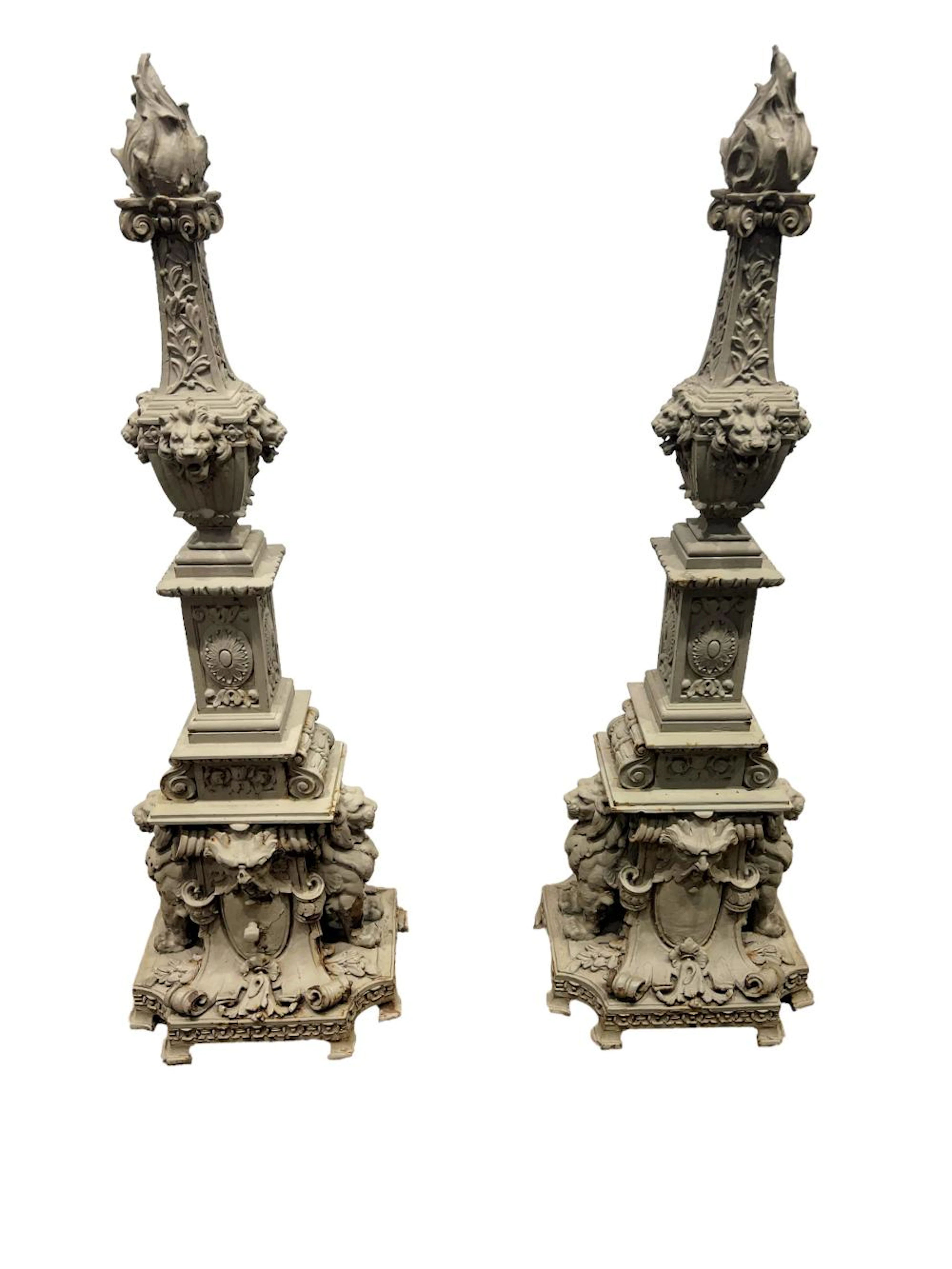 Pair of Cast Iron Gate Finials w/ Lions 48"H x 16 1/2"L x 13 1/2"W