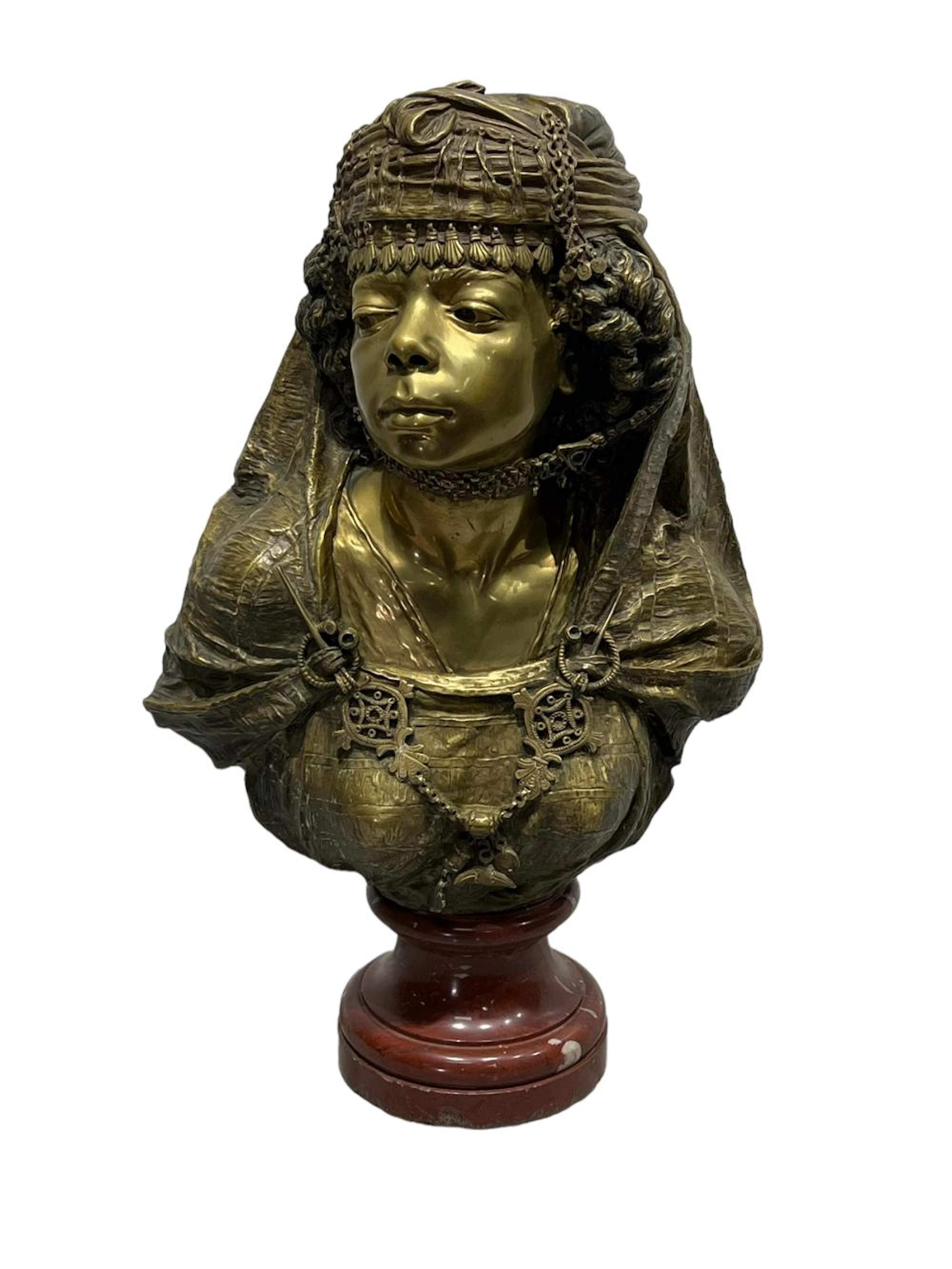 French Bronze Bust of Gypsy w/ Gypsy Coin Choker signed - E