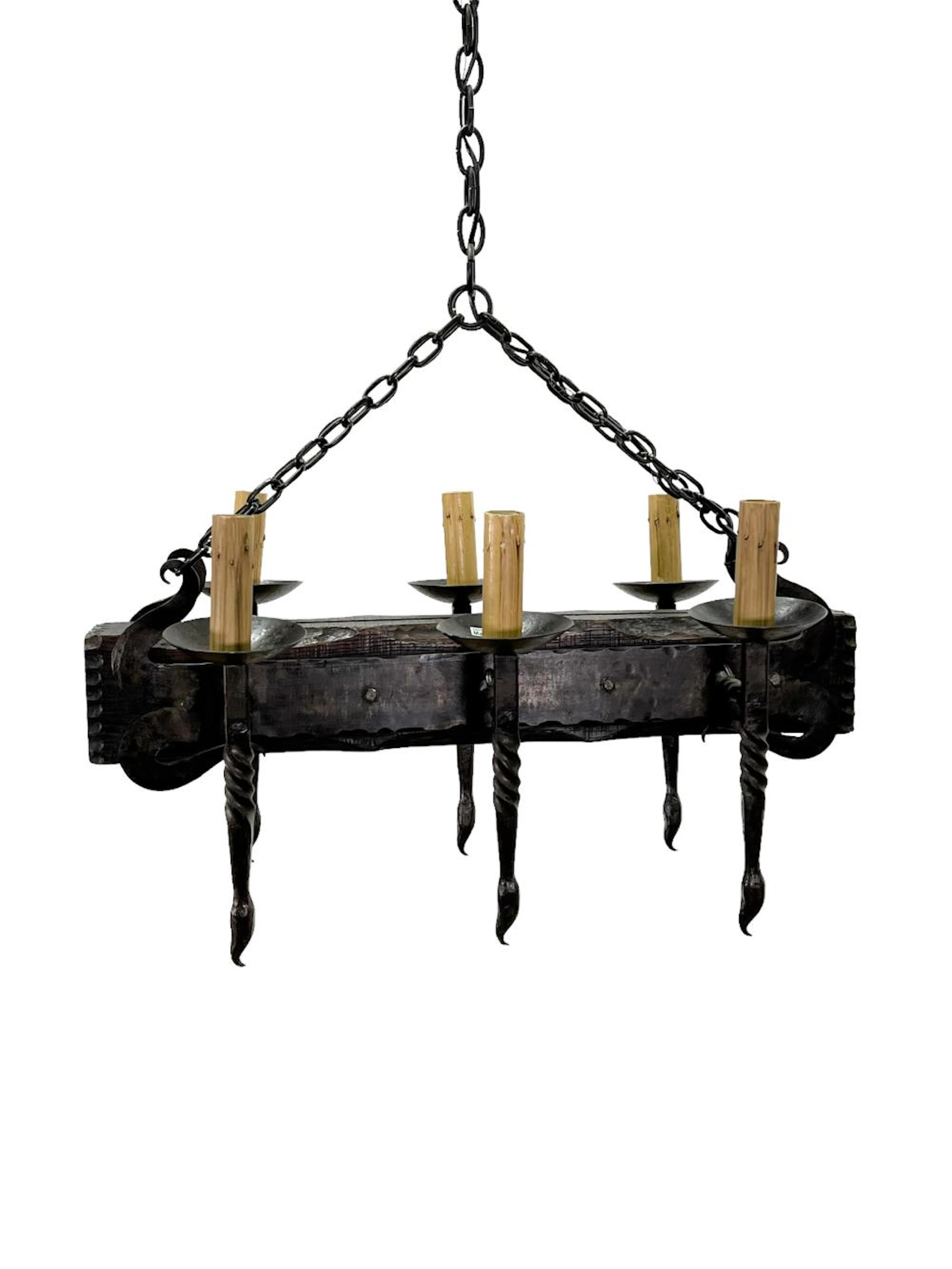 Iron and Wood Beam Six Light Chandelier 24 1/2"H (top of fixture)
