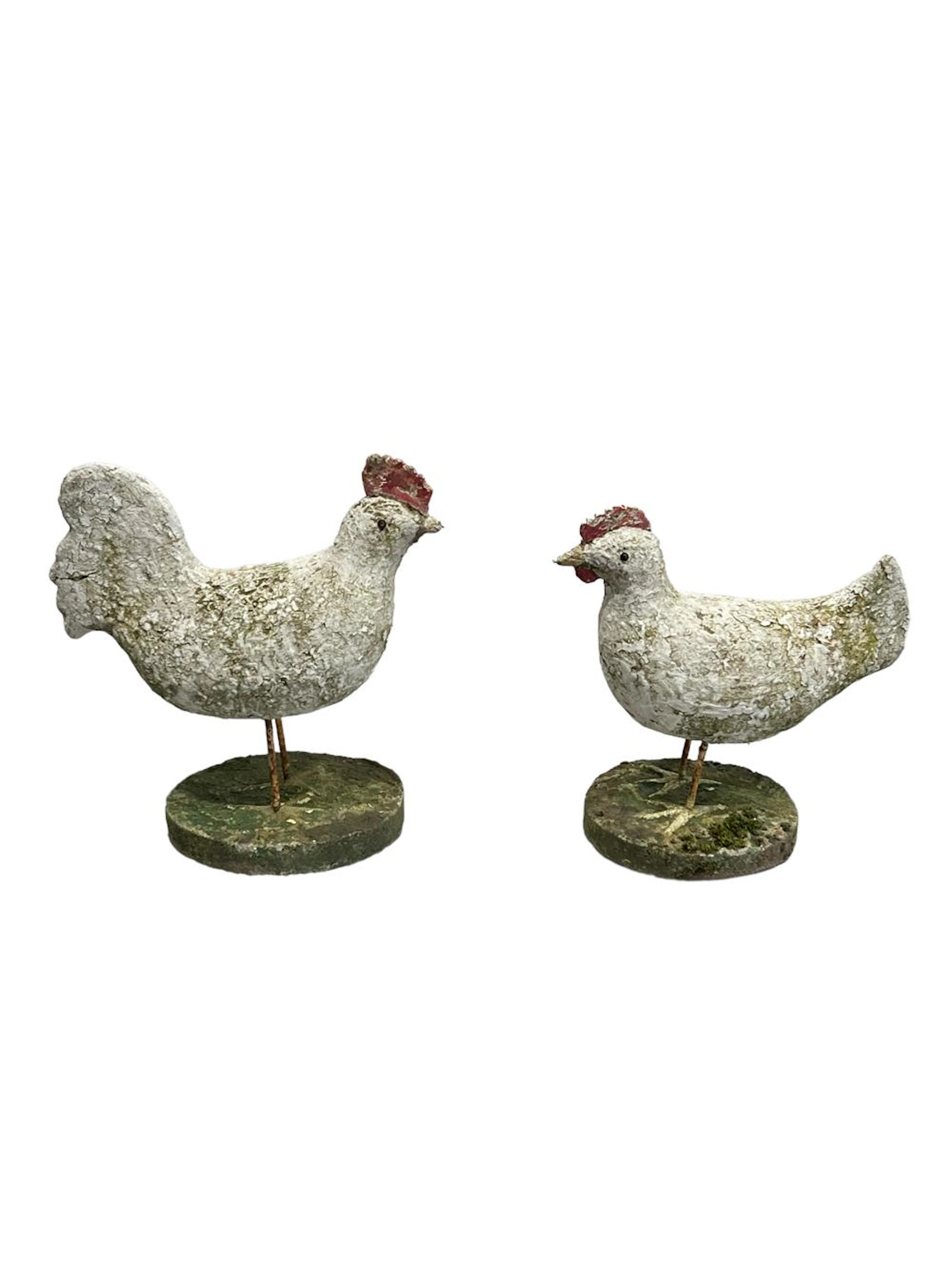 2pc. Lot of French Folk Art Concrete Chickens largest - 11 1/2"H