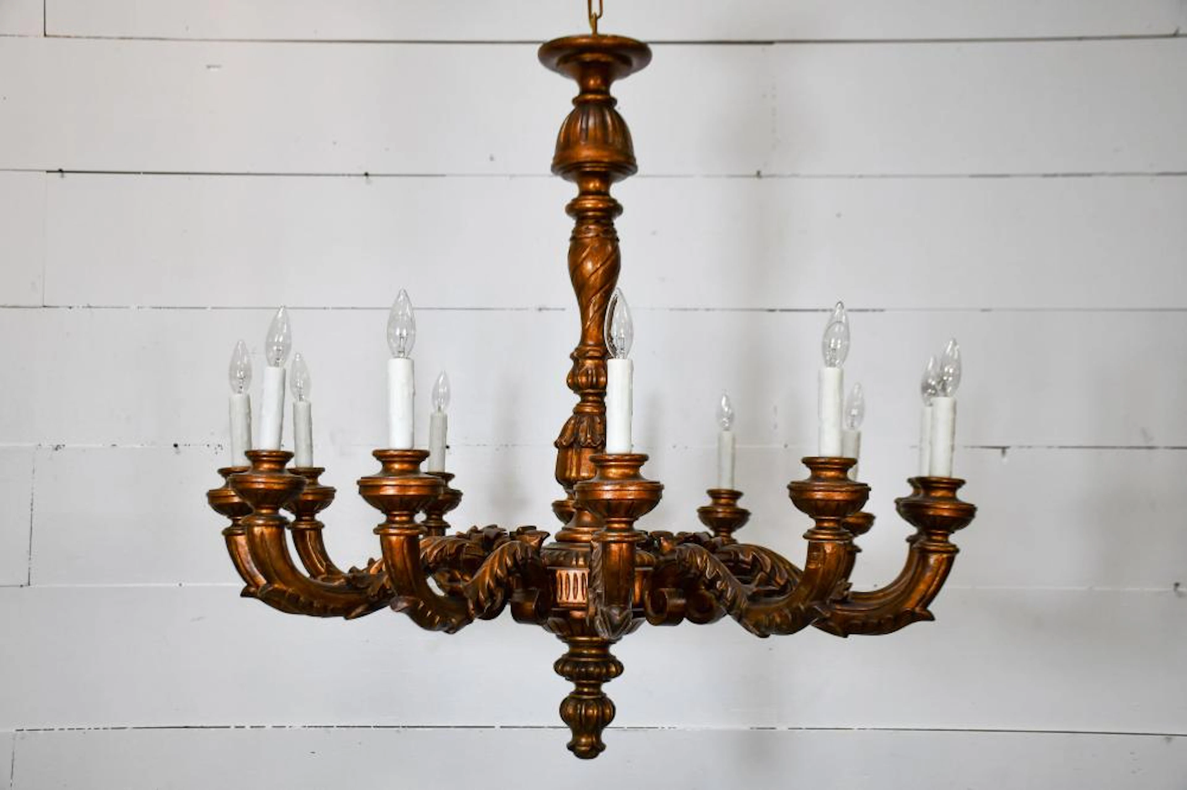 Vintage Italian Twelve Arm Gilt wood Chandelier 39"H, 41 1/2" x 41 1/2"