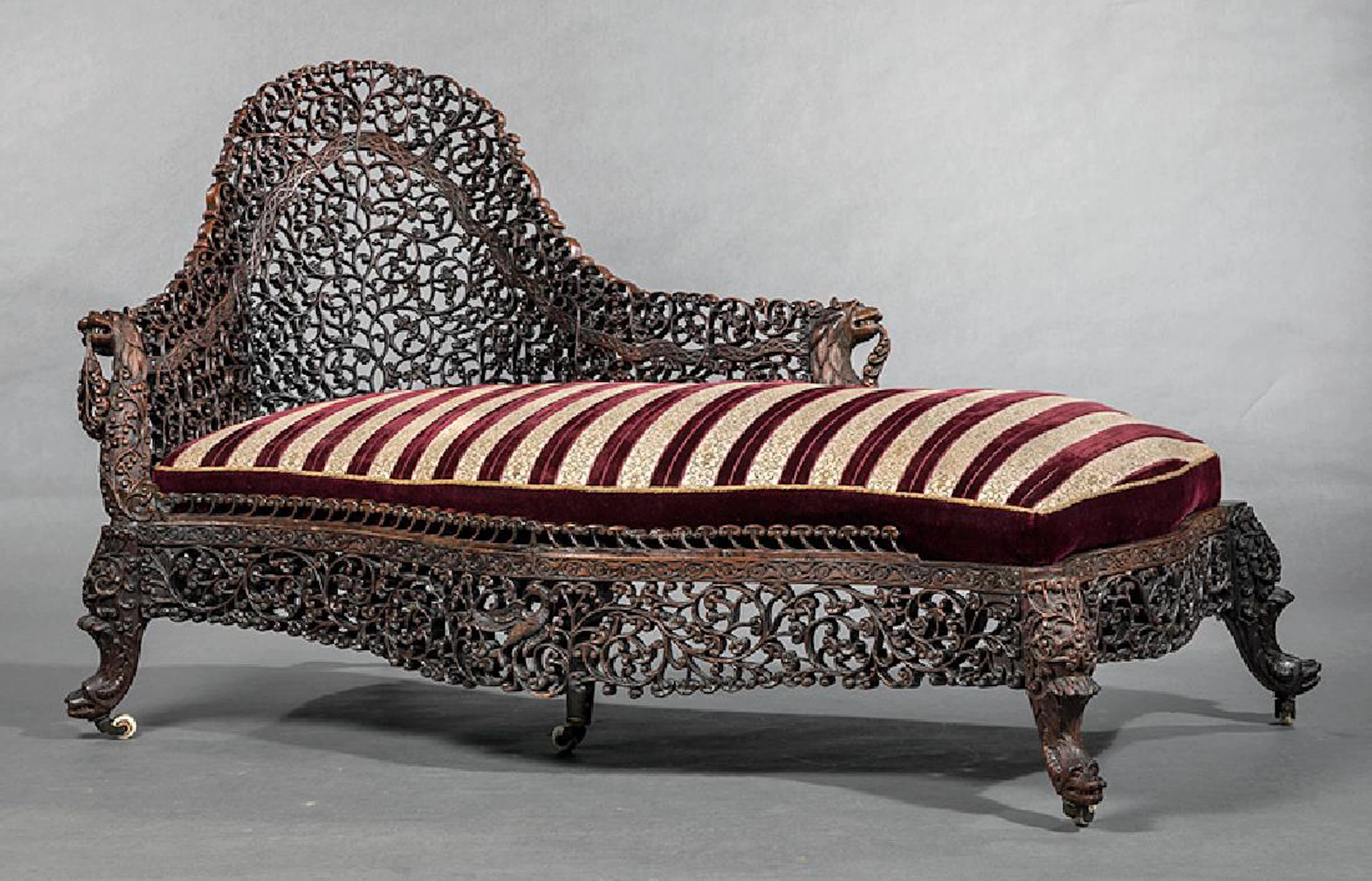 Carved Reticulated Tropical Hardwood Meridienne