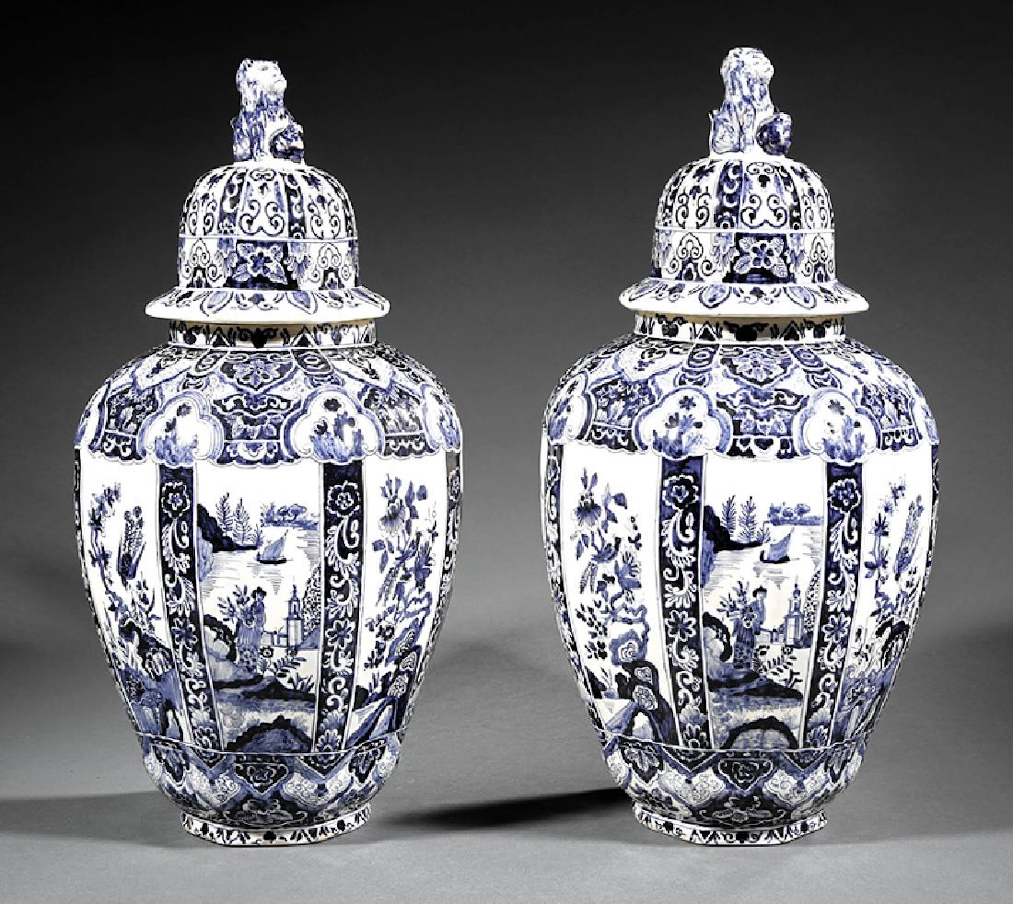 Pair of Blue and White Delftware Covered Jars