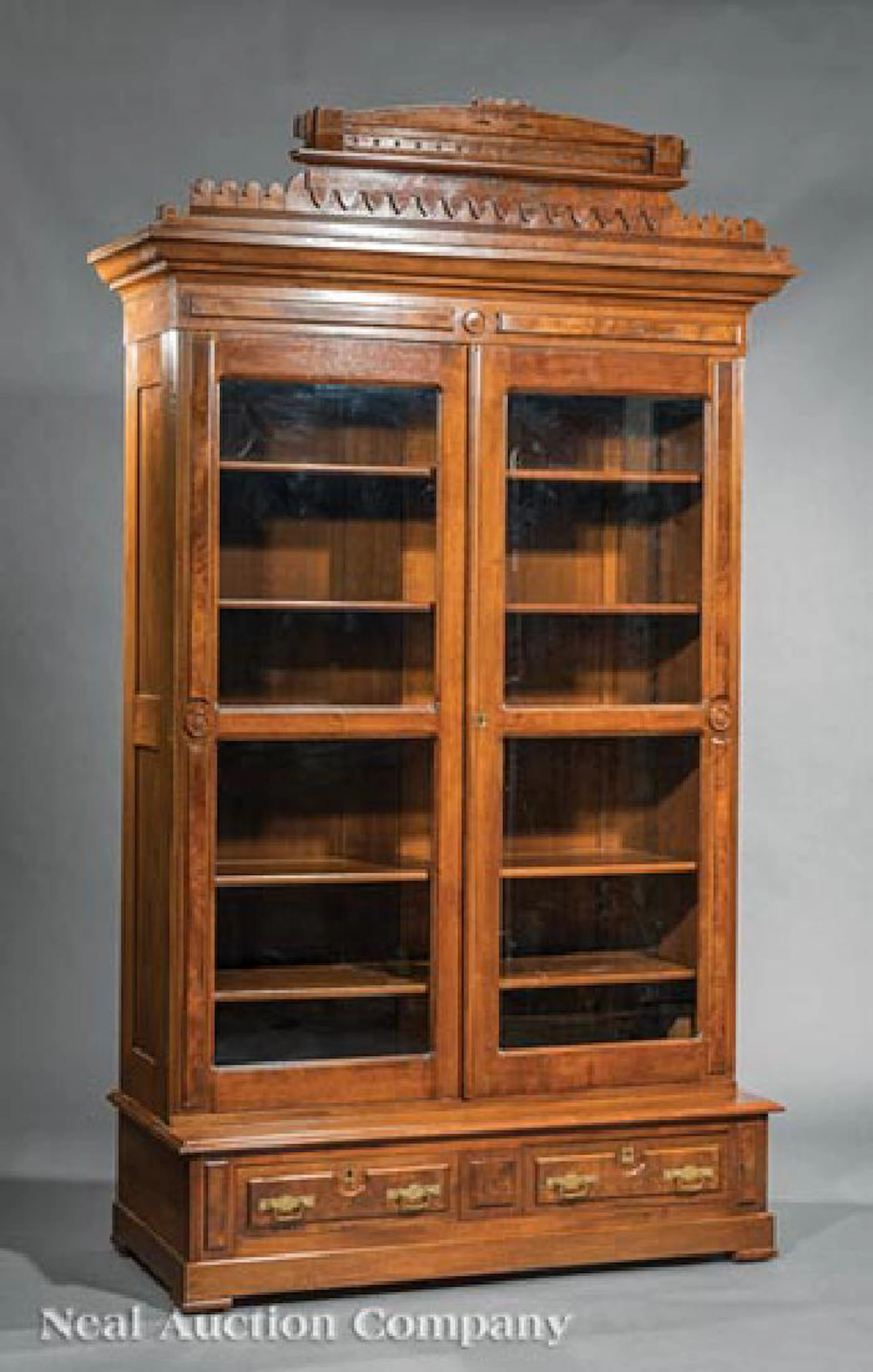 American Carved and Burled Walnut Bookcase