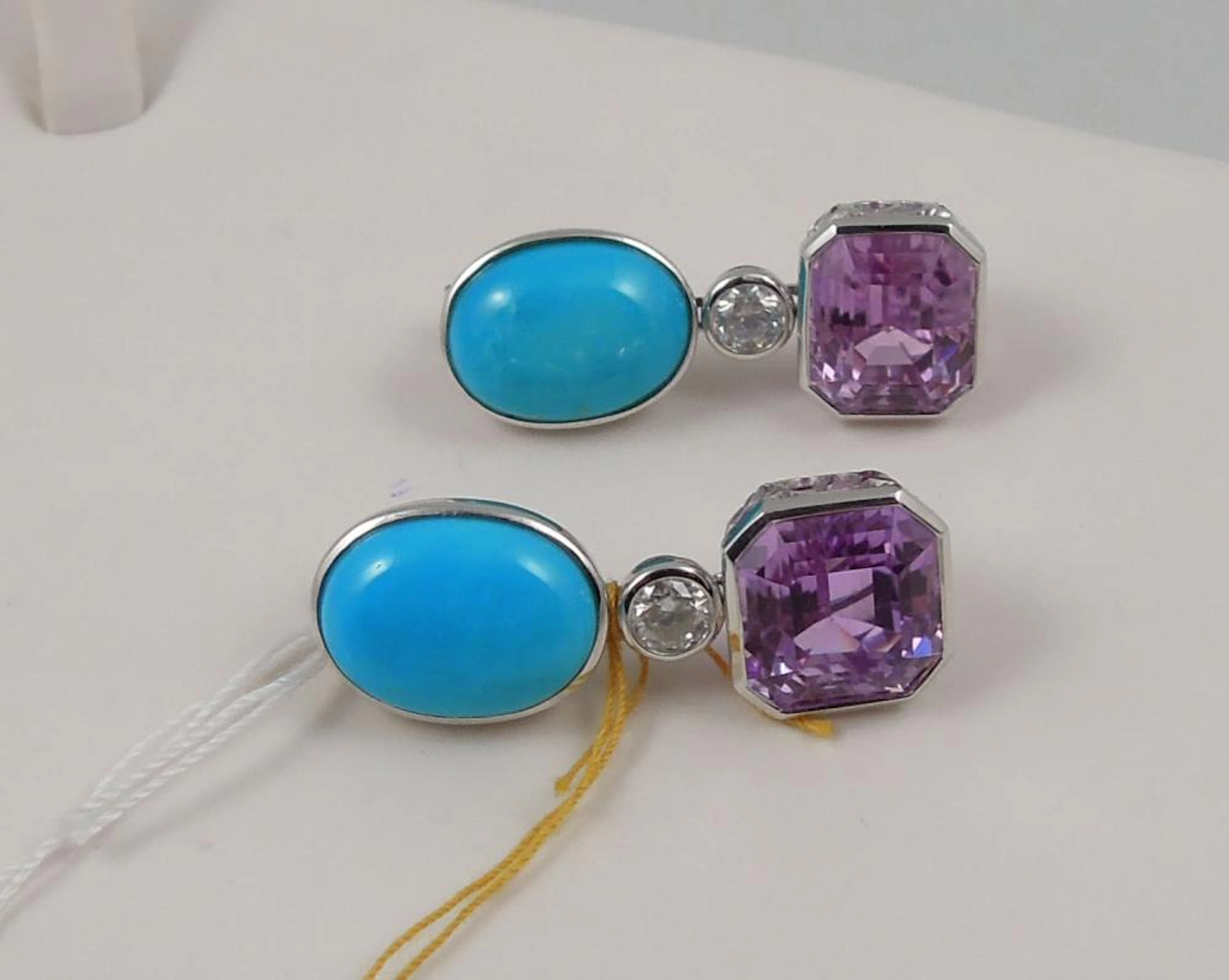 PAIR LADIES 14K W.G., TURQUOISE, KUNZITE AND DIAMOND DANGLE EARRINGS