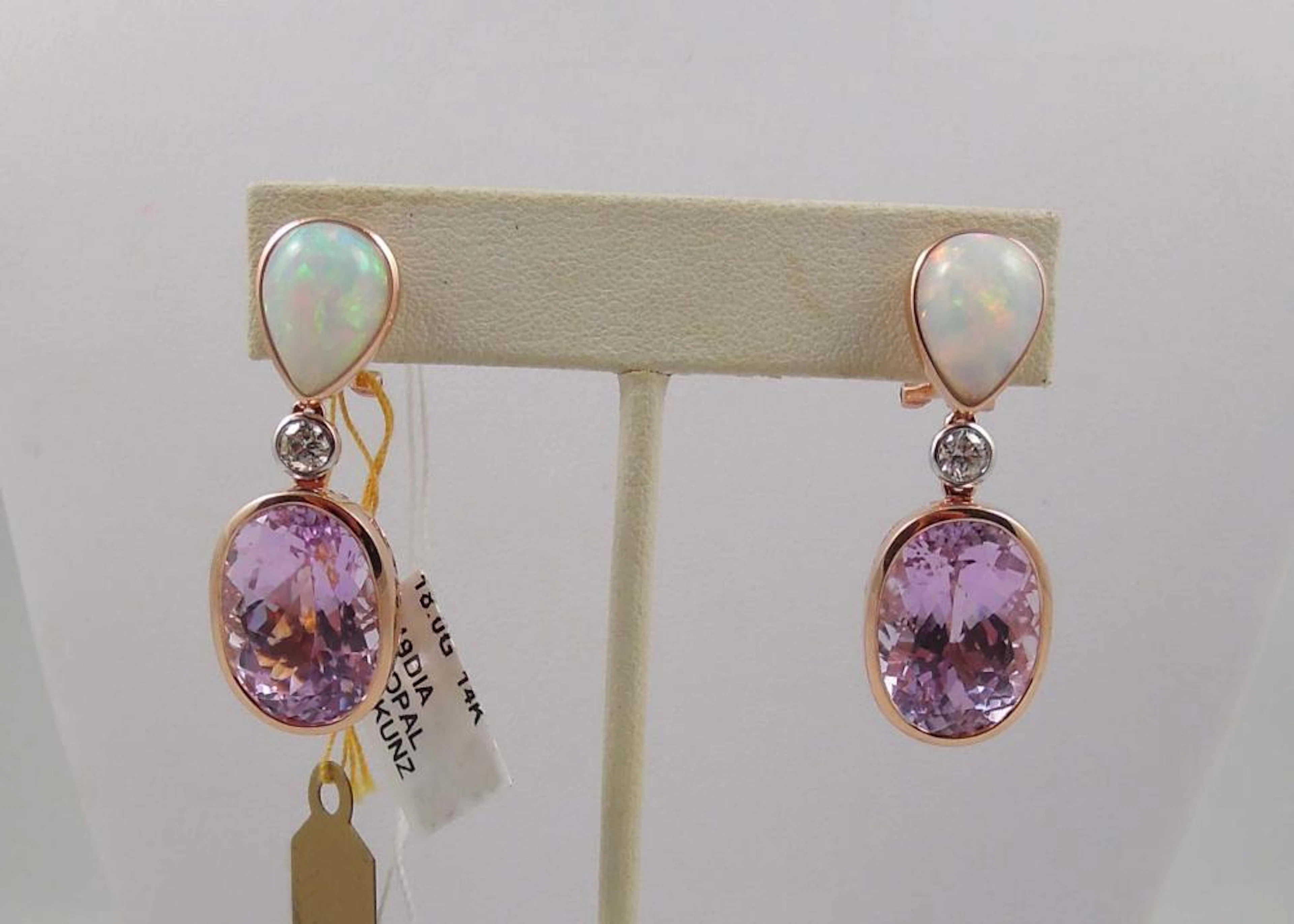 PAIR LADIES 14K ROSE GOLD, OPAL, KUNZITE & DIAMOND EARRINGS
