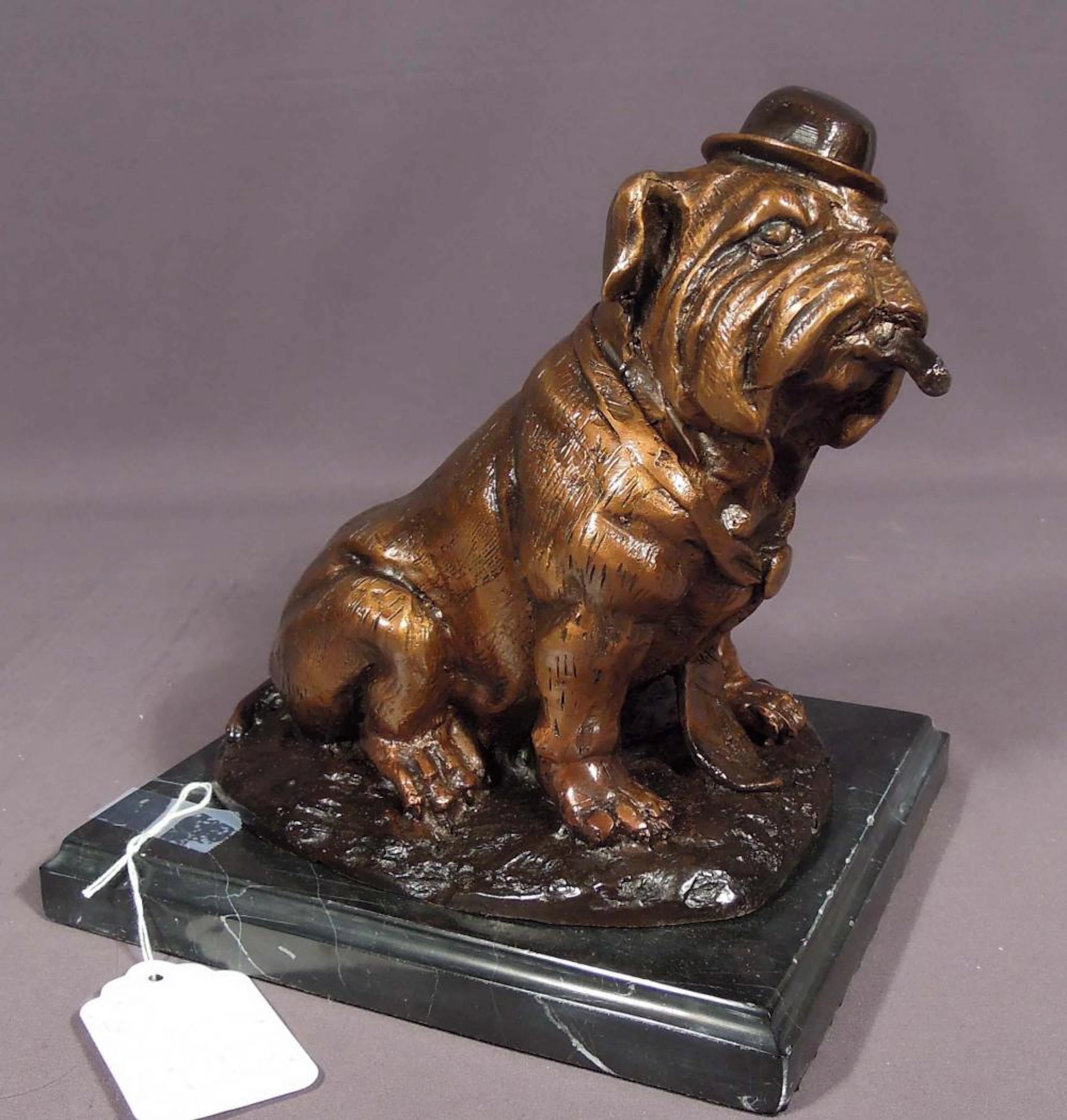 HUMOROUS BRONZE SCULPTURE OF SEATED BULLDOG SMOKING CIGAR