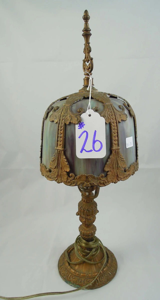 FINE ANTIQUE METAL AND SLAG GLASS TABLE LAMP