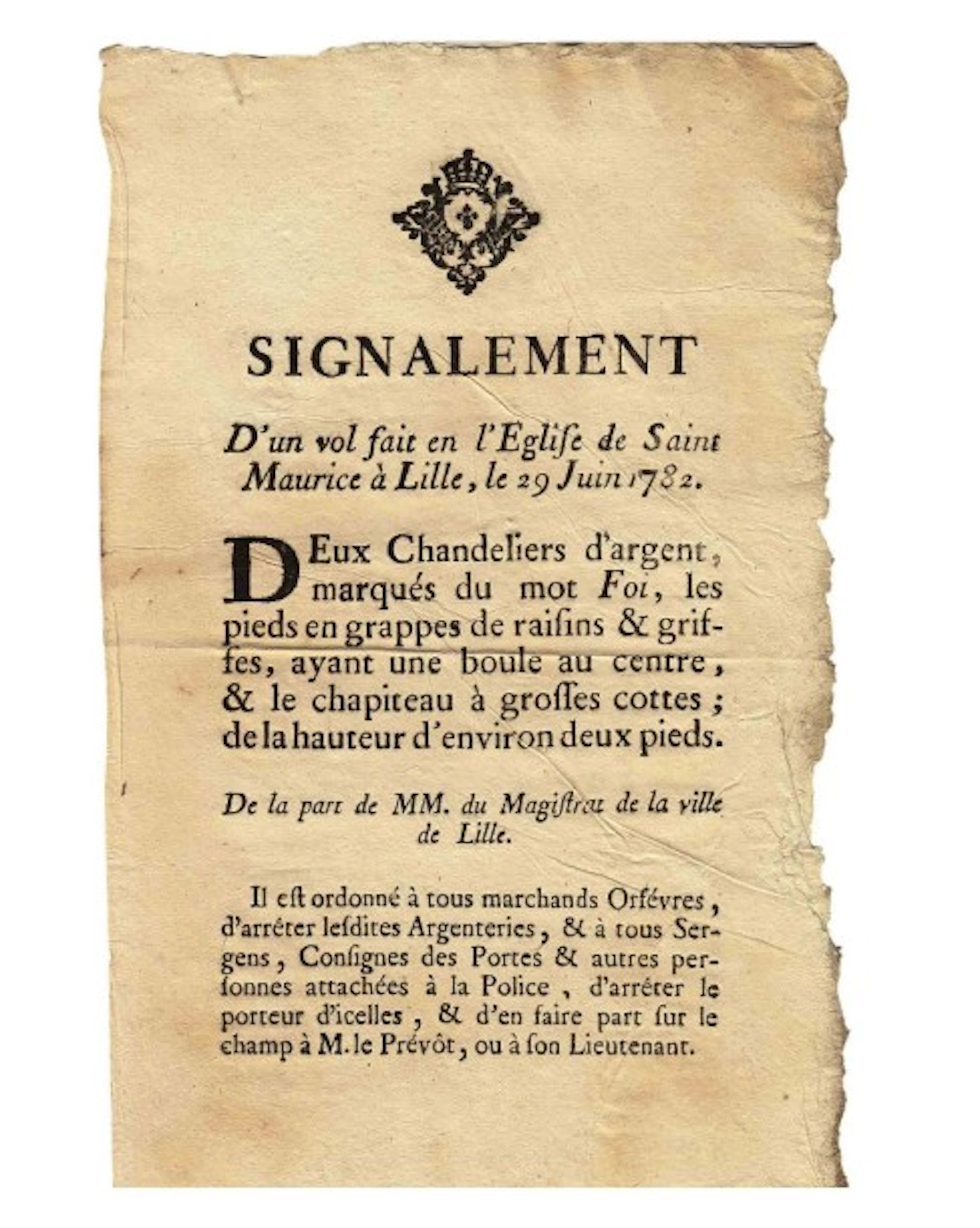 LILLE (59) - 1782 - VOL D'ORFÈVRERIE - Avis de «SIGNALEMENT d'un...