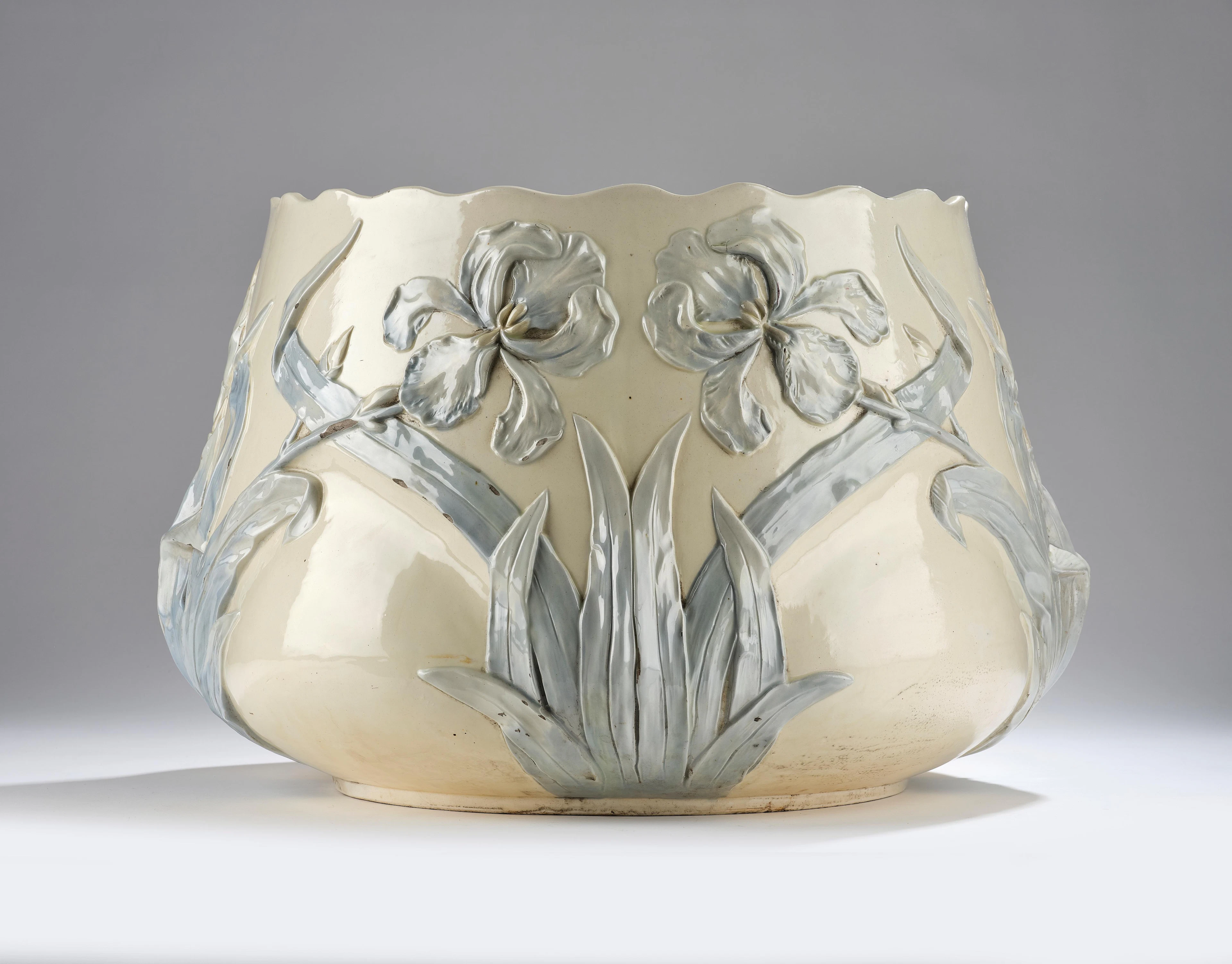 A large cachepot with lily decor, Johann Maresch, Aussig an der Elbe, c. 1900