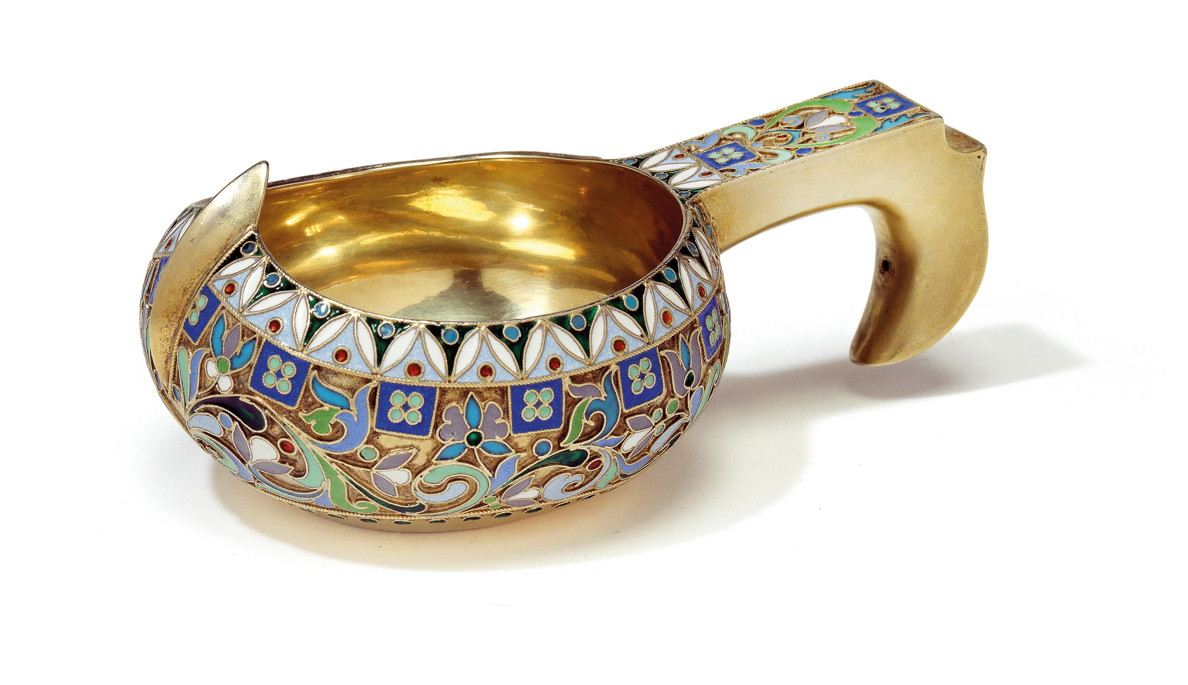 "OWTSCHINNIKOW" - a cloisonné kovsh from Moscow