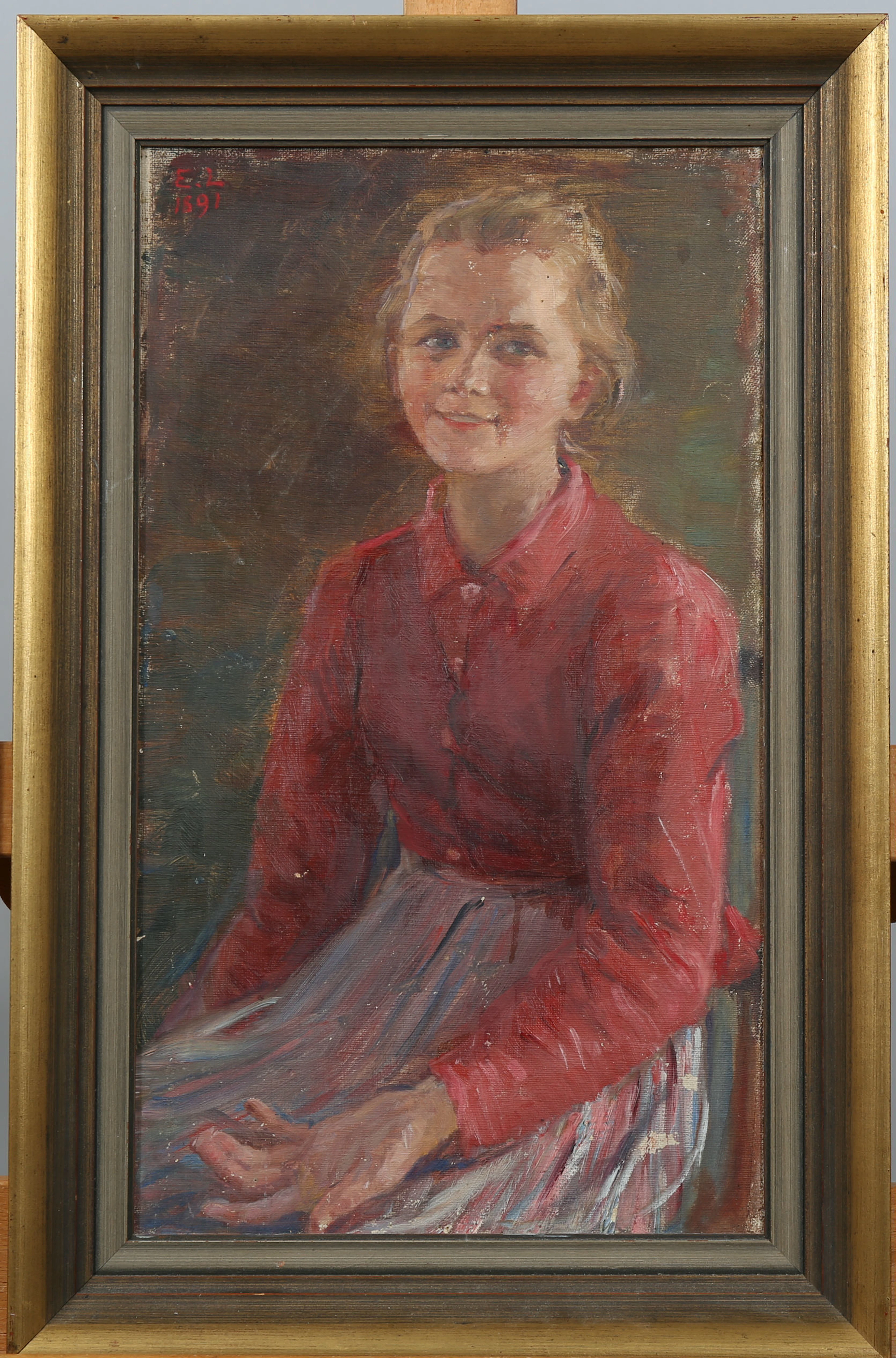 EMMA LÖWSTÄDT CHADWICK. Tillskriven. Olja på kartong, Flickporträtt, monogramsignerad E L, daterad 1891.