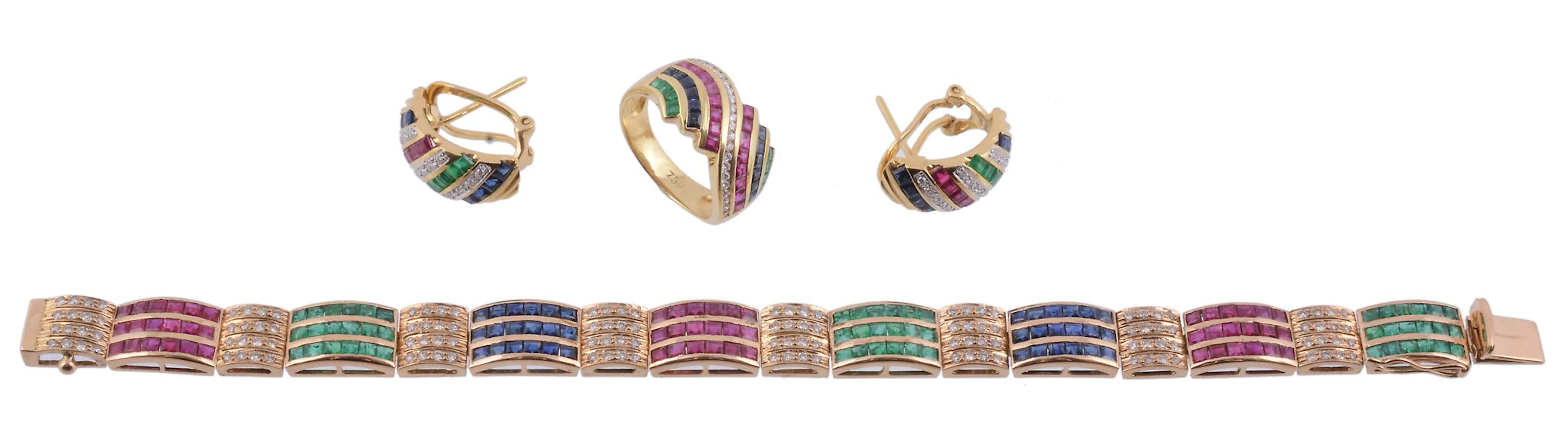 A multi gem set suite of jewellery, comprising a bracelet with alternating ruby