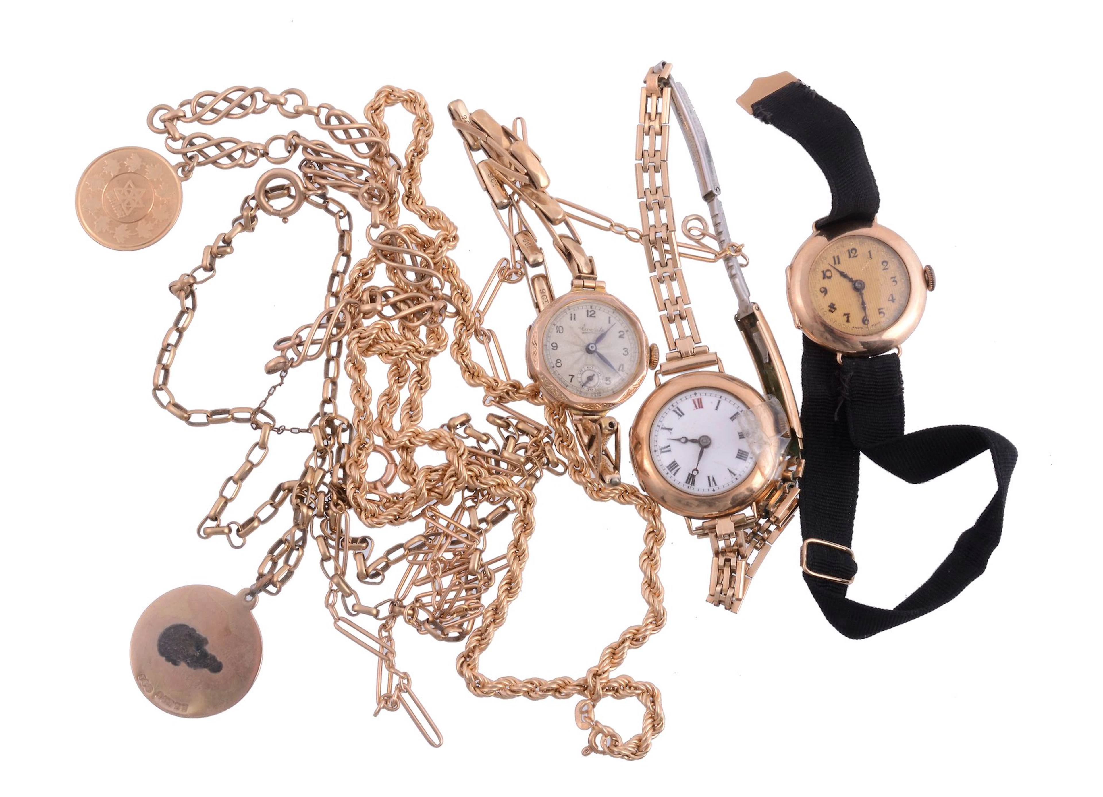 A small selection of gold coloured items, to include