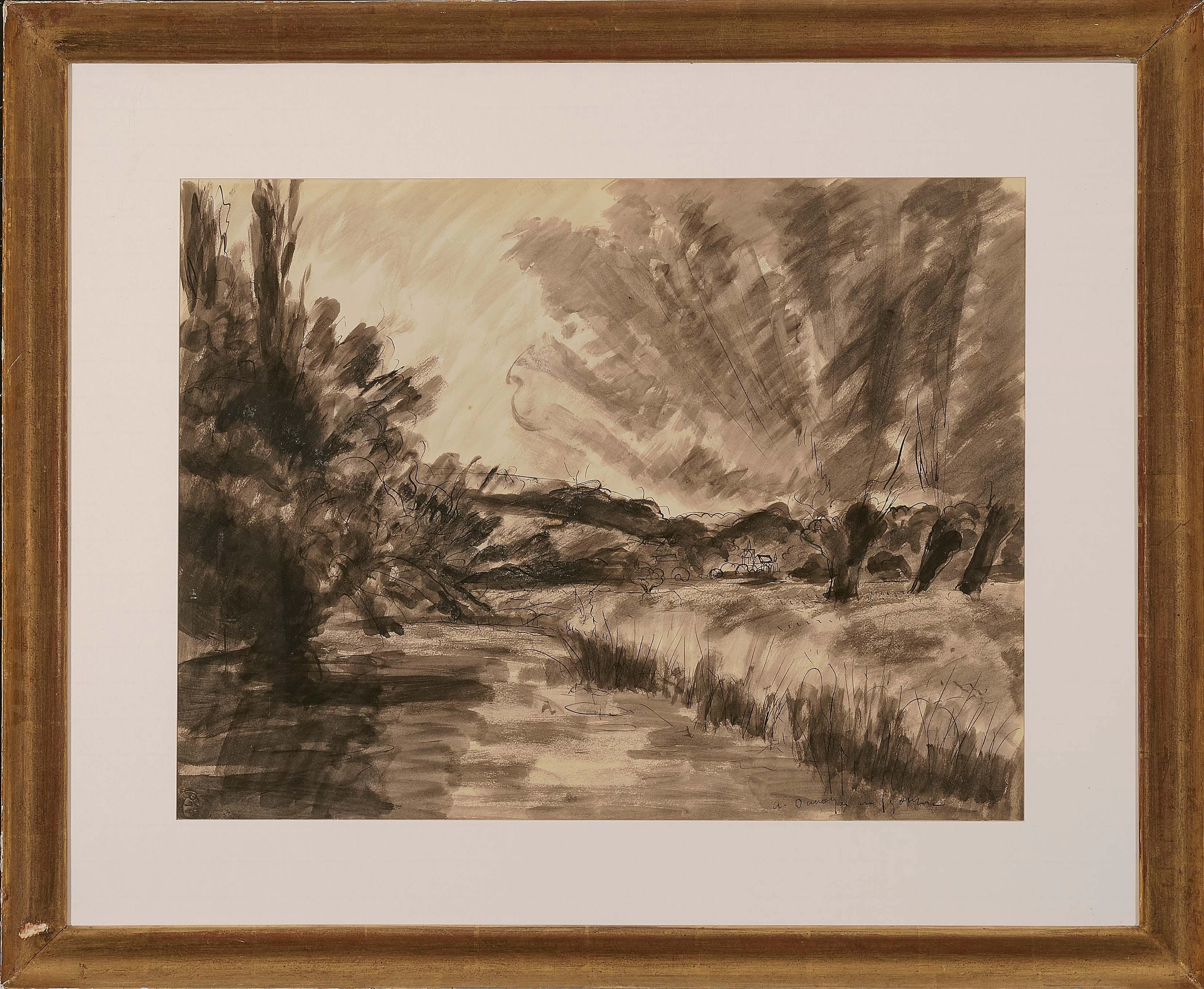 ANDRE DUNOYER DE SEGONZAC. Paysage, Lavierte Tuschfederzeichnung auf Bristol-Zeichenkarton.