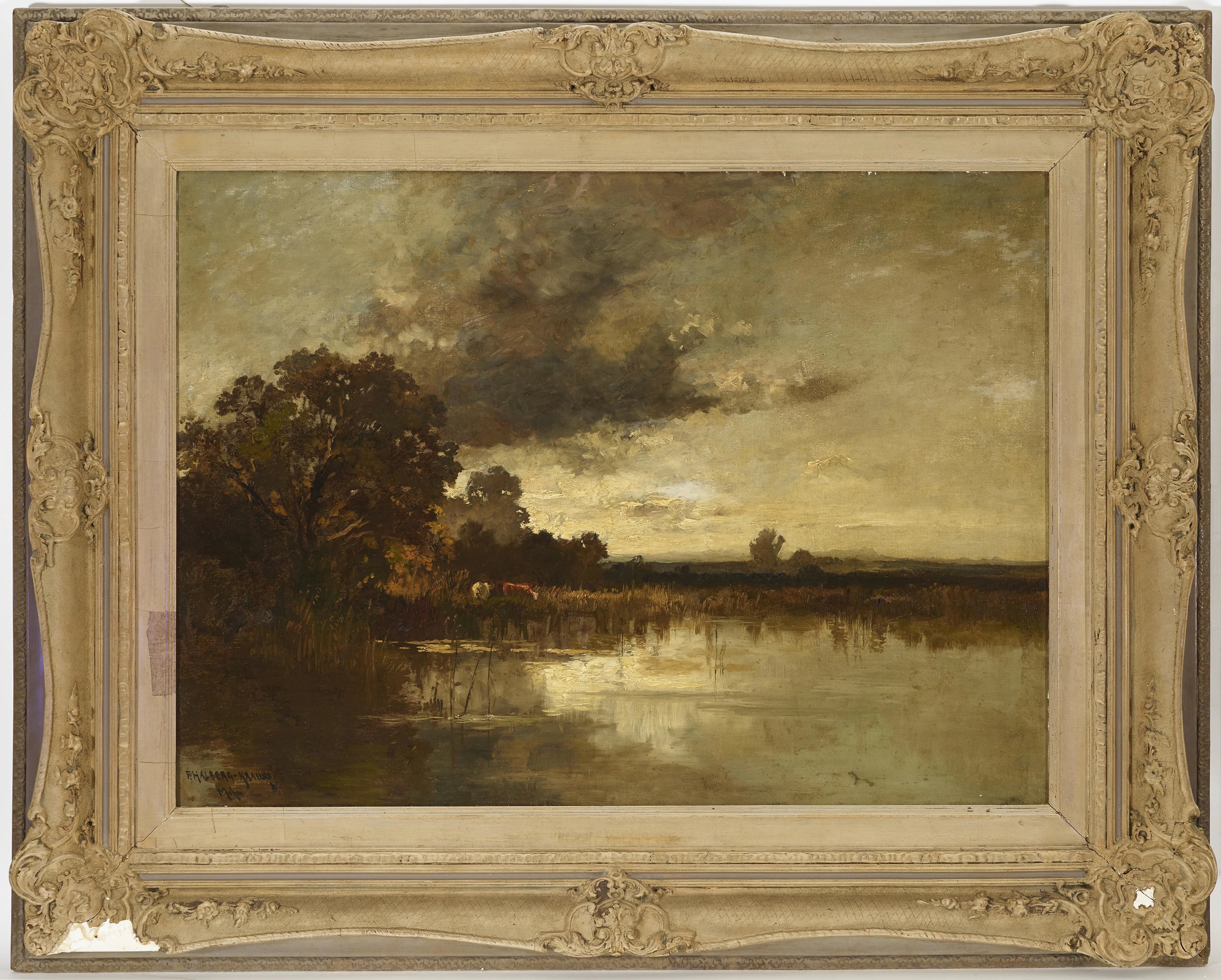 FRITZ HALBERG-KRAUSS (1874 STADTPROZELTEN AM MAIN - 1951 PRIEN). Sommerlicher See mit Kühen unter gewittrigem Himmel.