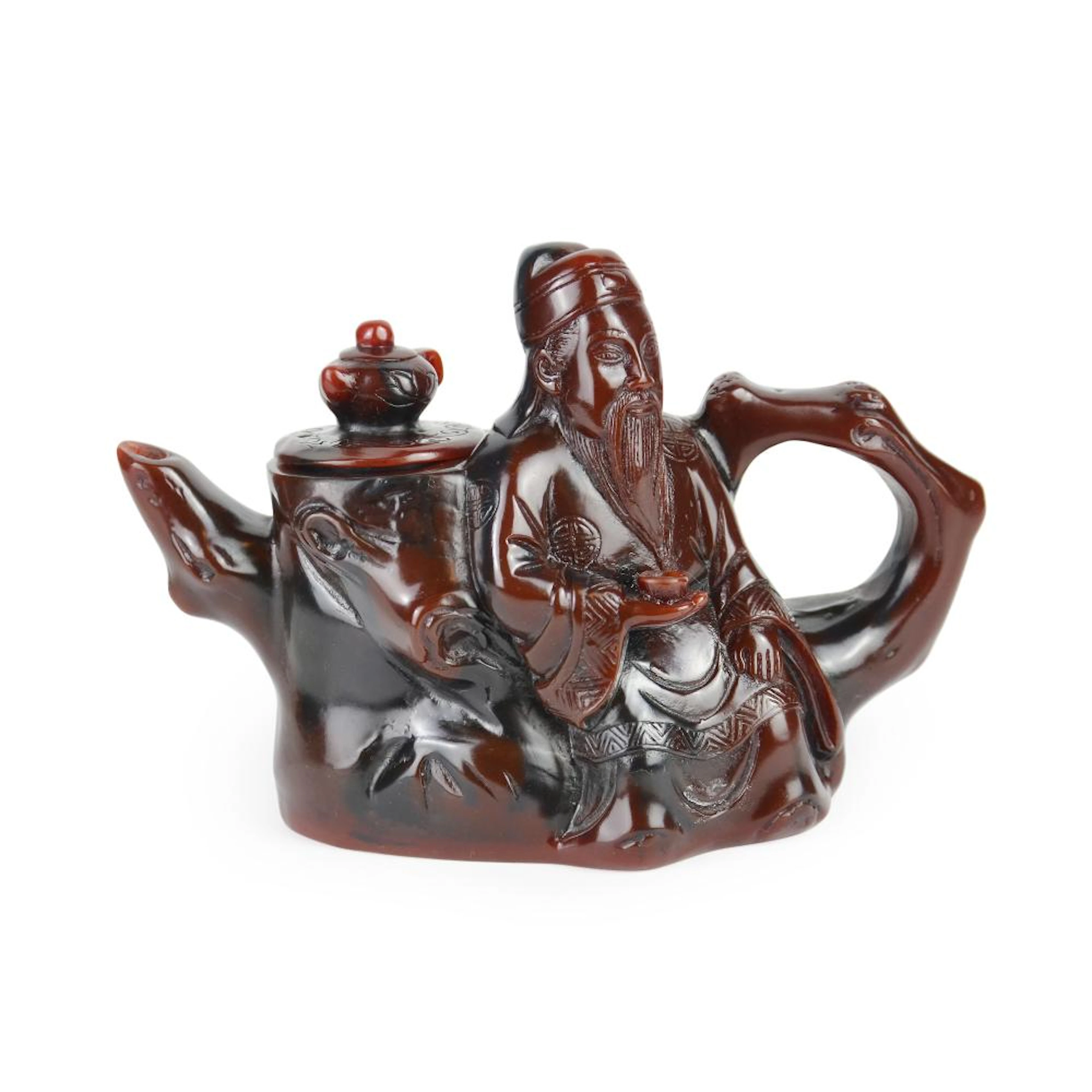 Ming, A Well Carved Amber Teapot of Poet Lu Yu Sampling Tea 明 琥珀堆塑陆羽品茶树瘿把壶