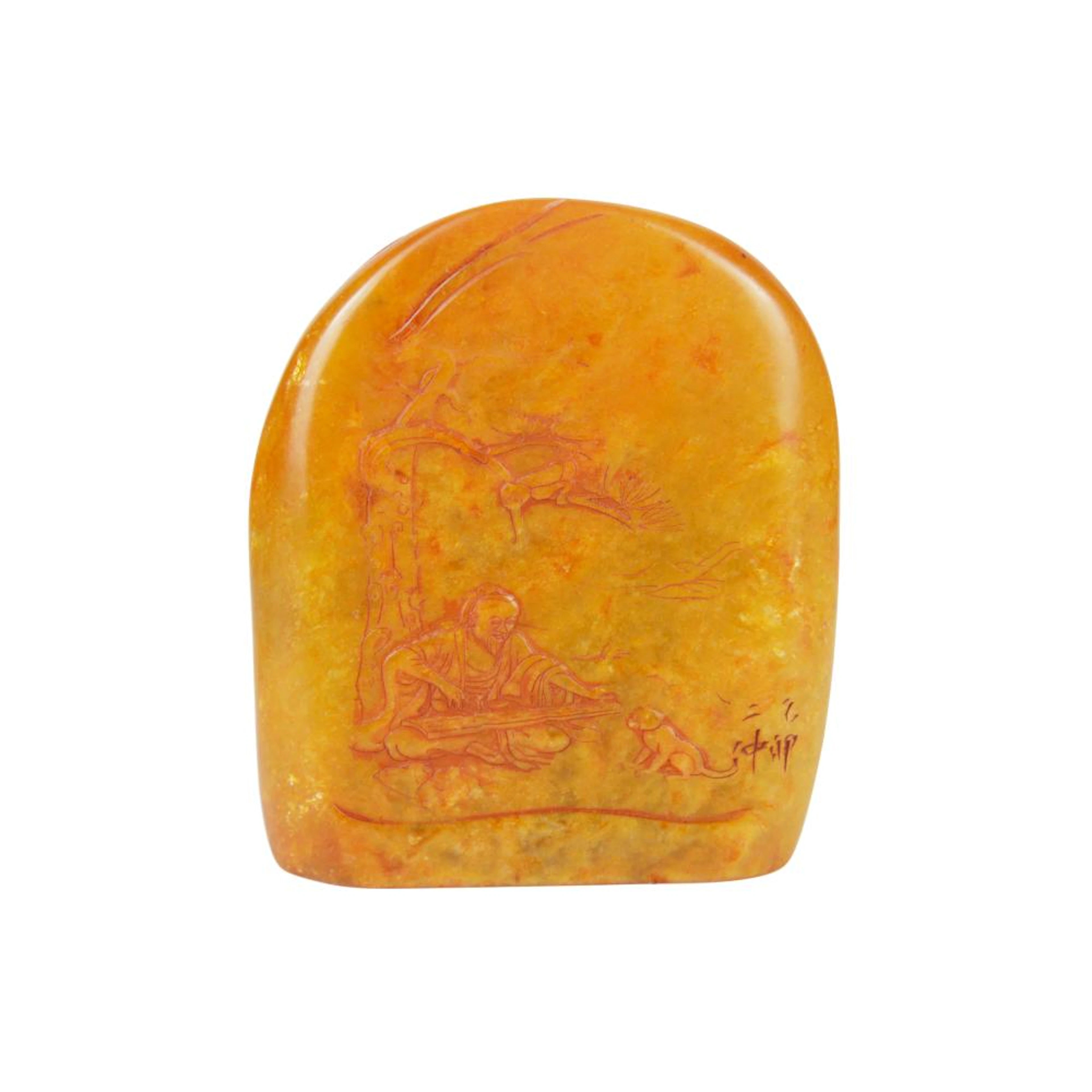 A Large Tianhuang Stone Boulder Seal carved with Figural Landscape 田黄浮雕山水人物特大扁印章