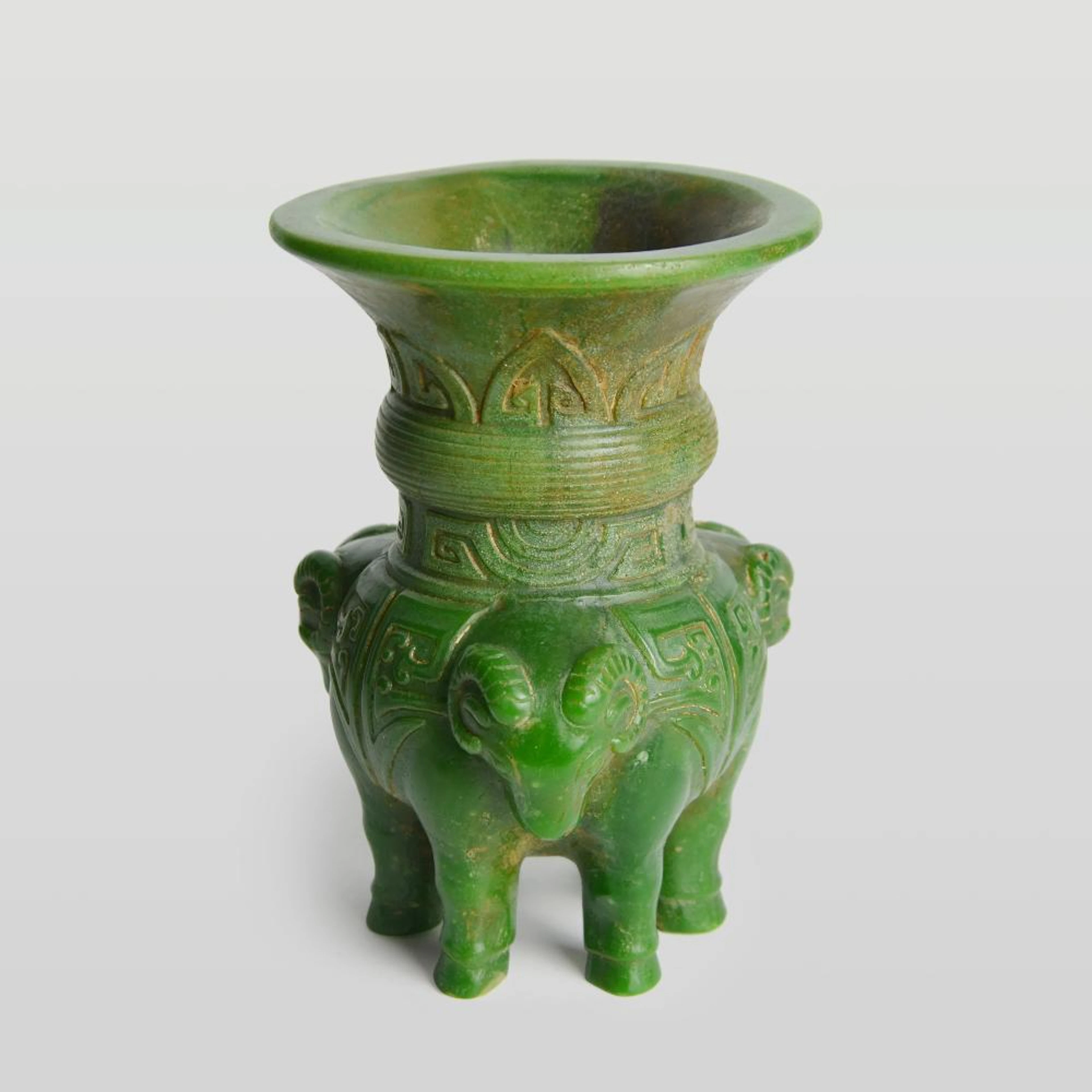 Ming Dynasty, An Archaic Spinach Green Jade Three Rams’ Jun 明 碧玉雕三牺玄纹敞口尊