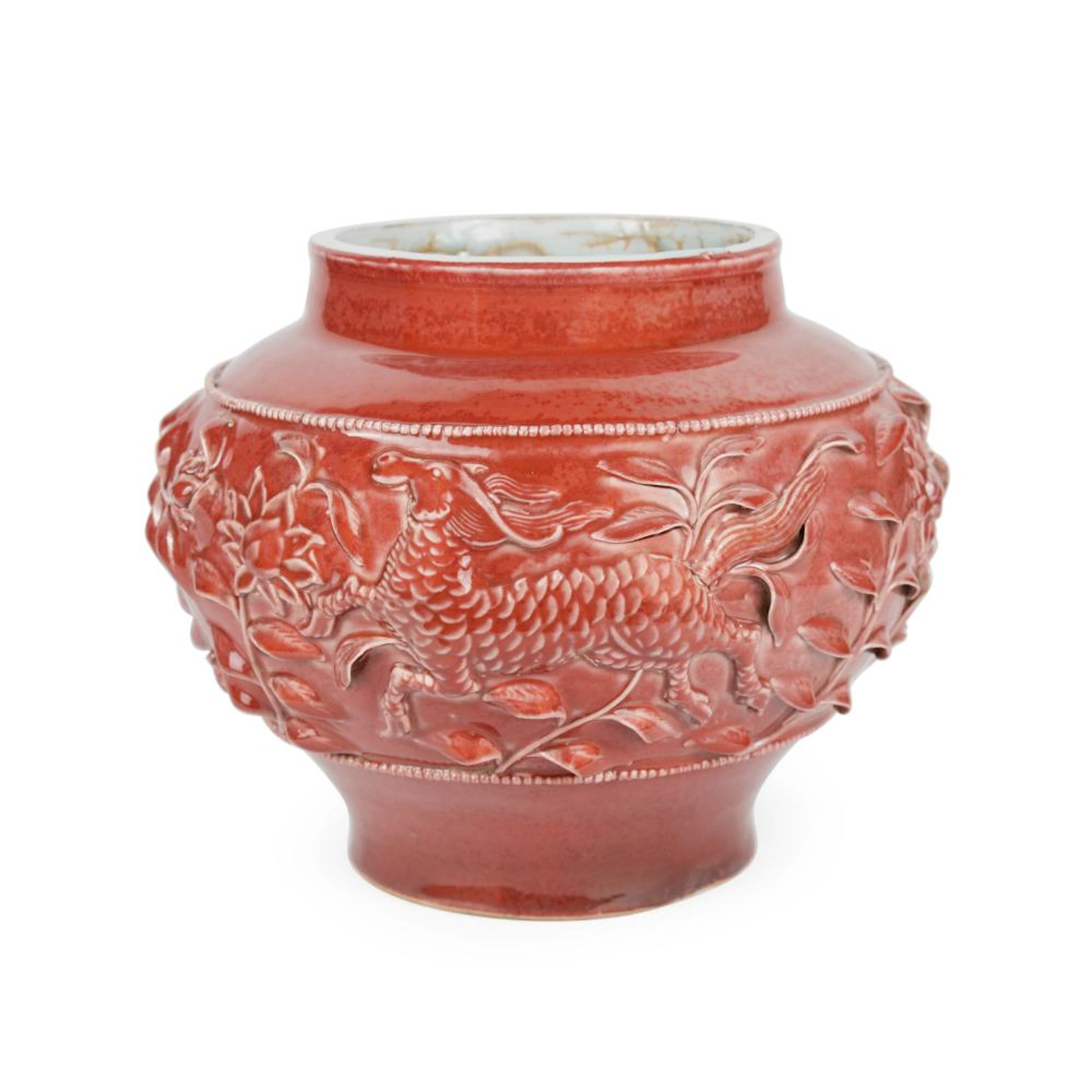 Yuan Dynasty, A Rare Copper-Red Jar, Guan with Mythical Beast 元 釉里红塑雕神兽花卉连珠纹罐