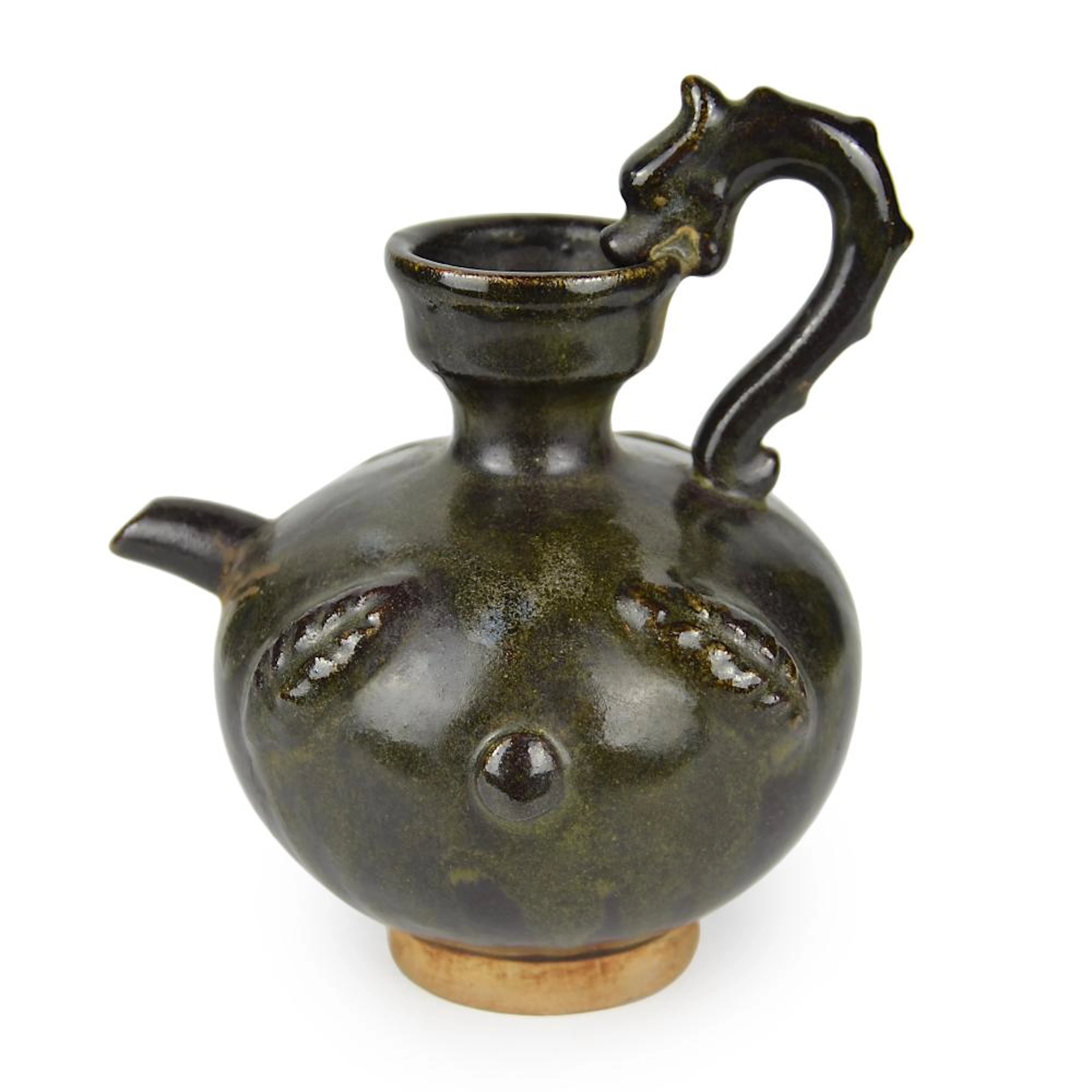 Six Dynasties, Jin, Deqing Black-Glazed Ewer with Dragon Handle 晋 德清窑墨釉浮雕叶纹杯口龙把壶