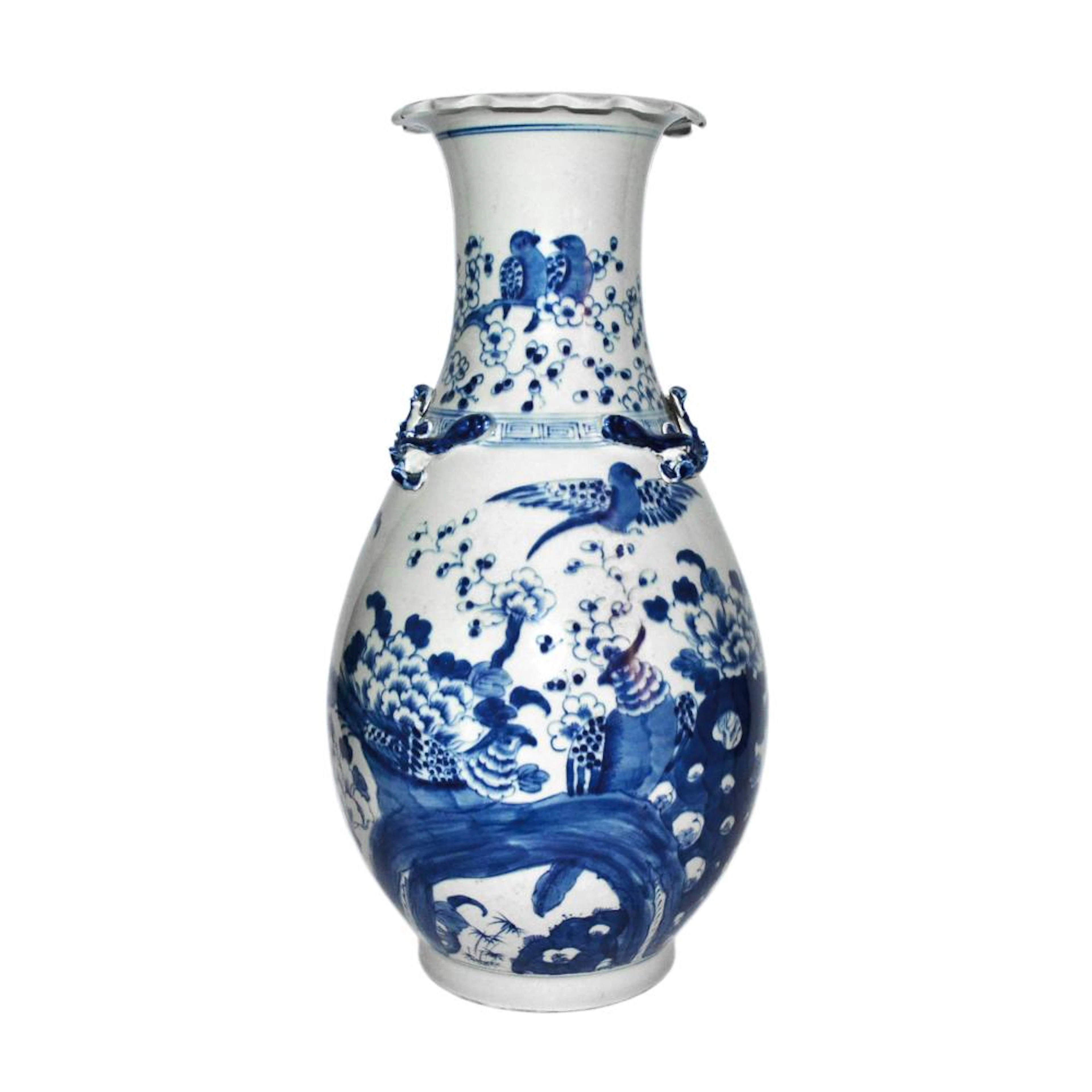 Qing , Blue and White Birds and Blossoms Vase with a Foliate Everted Rim and Two Relief Carved Qilins 清 雍正 青花喜上梅梢塑雕螭龙花口瓶