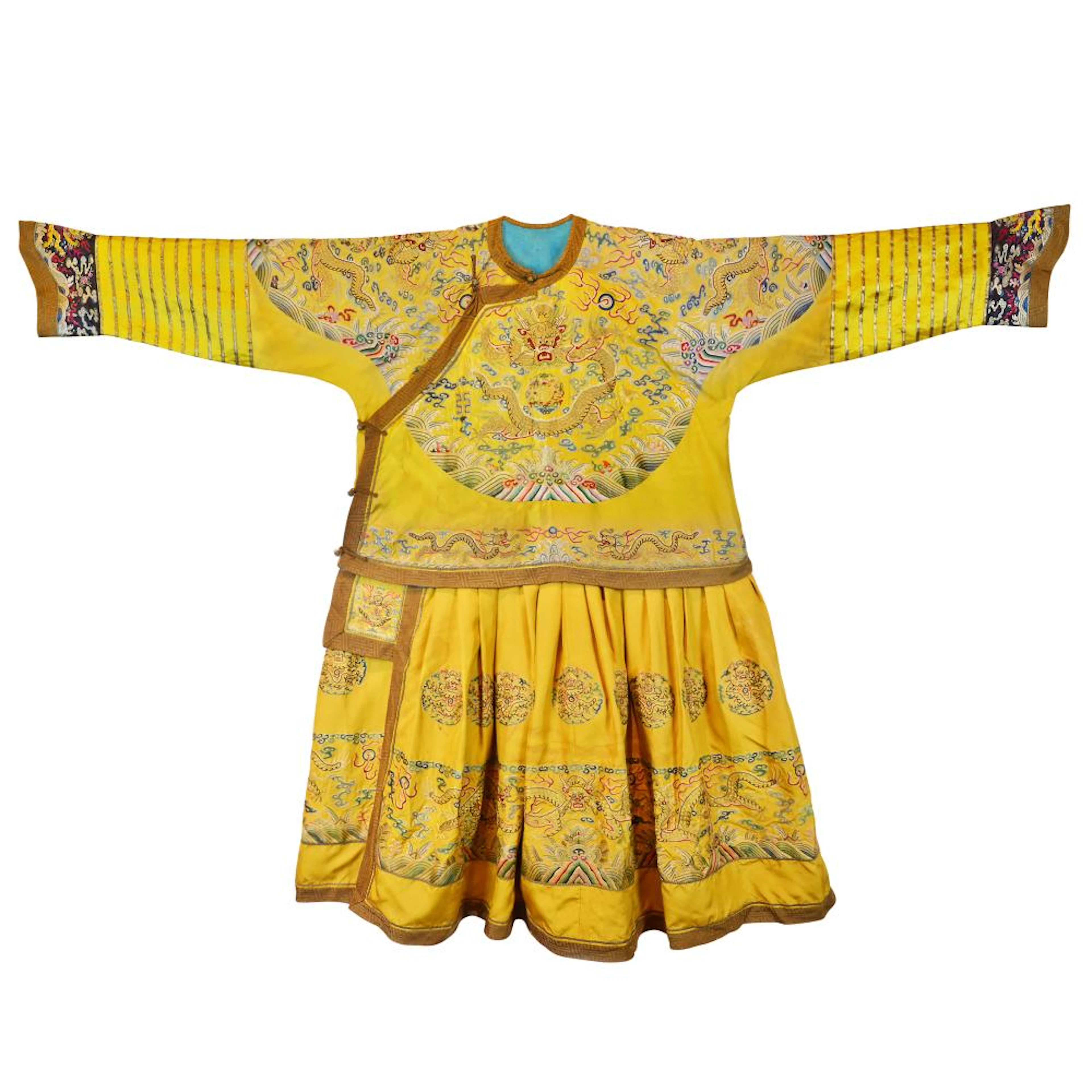 Qing Dynasty, Daoguang, A Rare Imperial Summer Court Robe, Chaopao, with Twelve Symbols 清中期(道光) 明黄缎绣金丝龙纹十二章金龙纹礼服袍