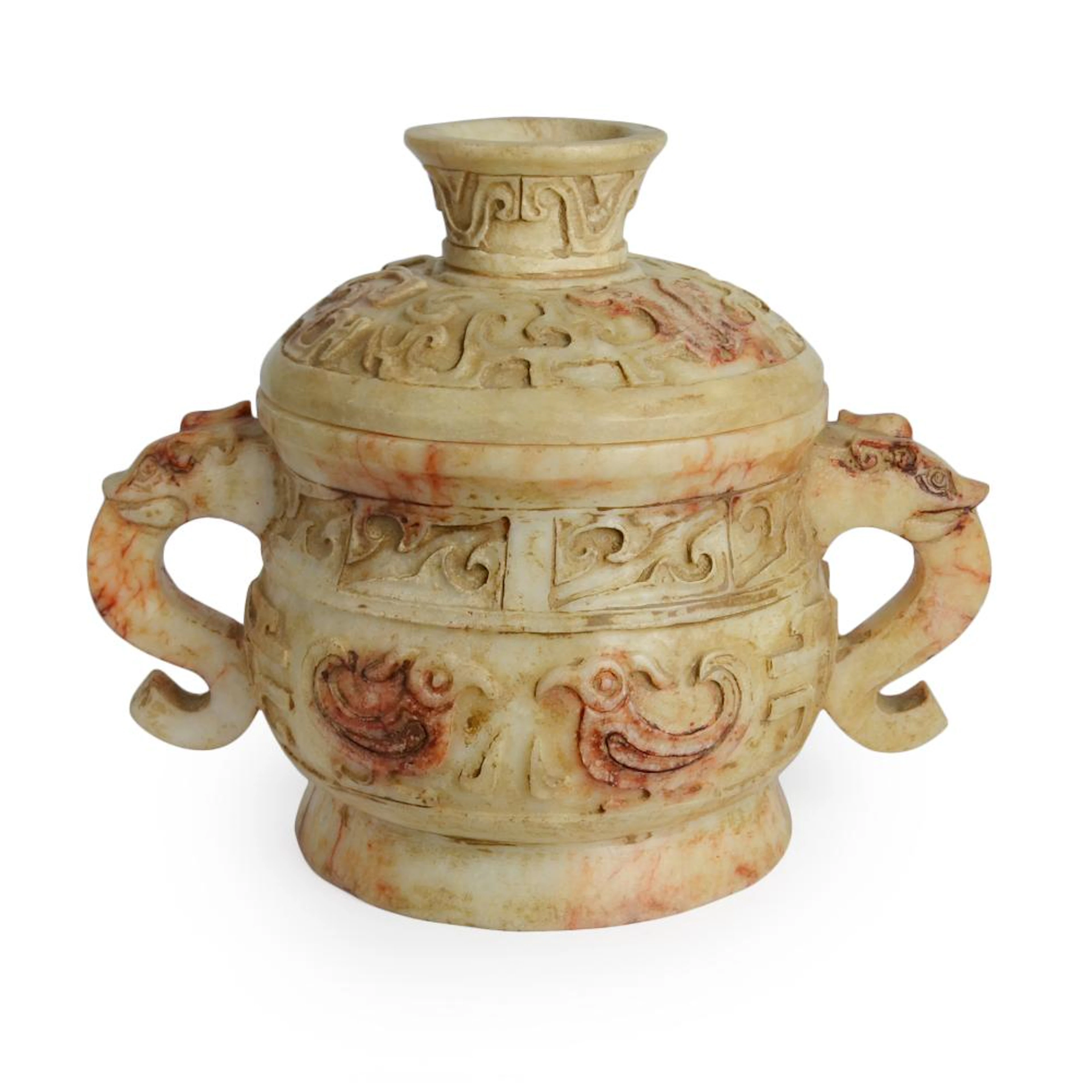Han Dynasty, Carved Jade Zun with Mythical Dragon and Phoenix and Cover 汉 白玉浮雕龙凤纹兽耳盖尊