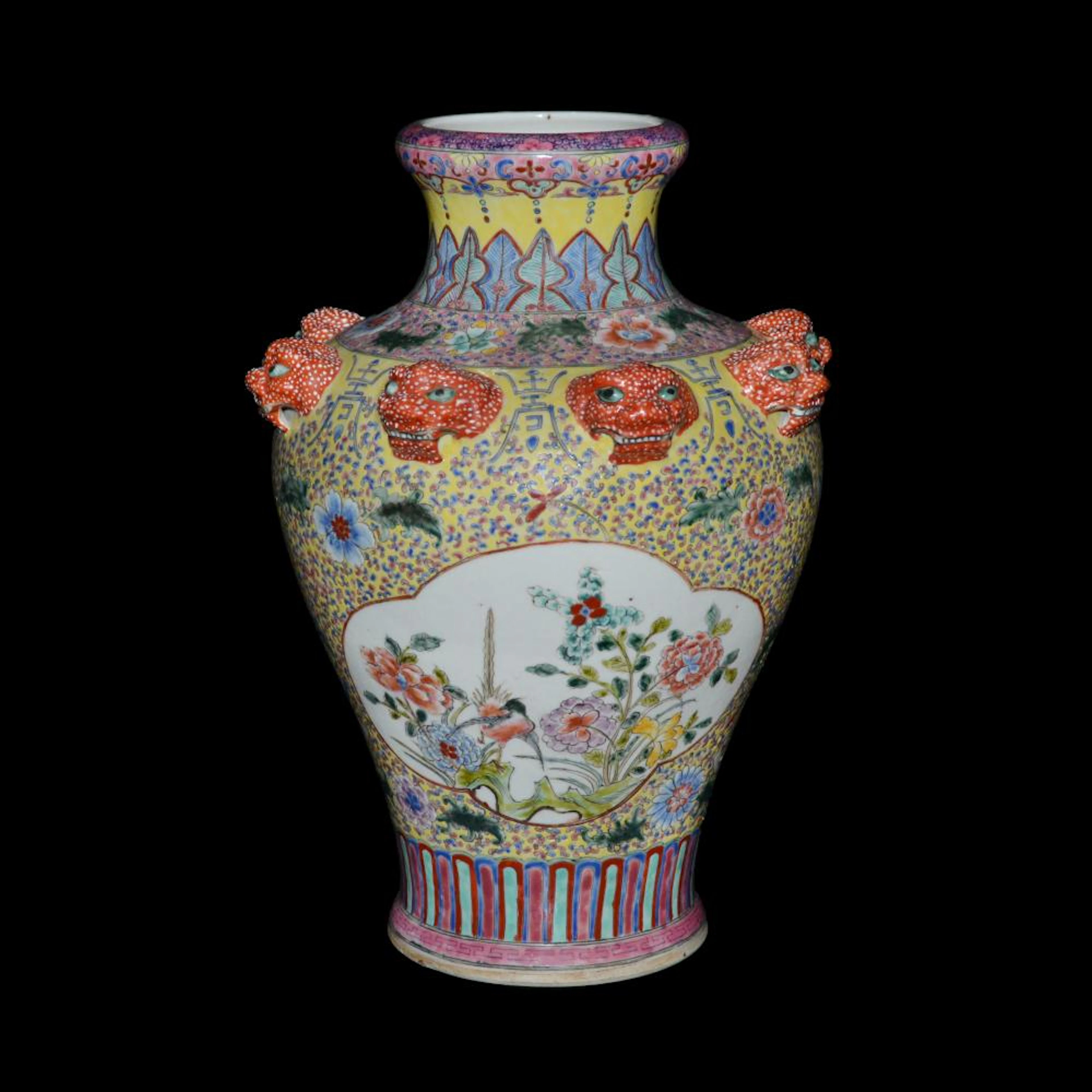 Qing, a Large Famille-Rose Floral Meiping 清 康熙 粉彩黄釉锦地开光花卉塑雕八兽首梅瓶