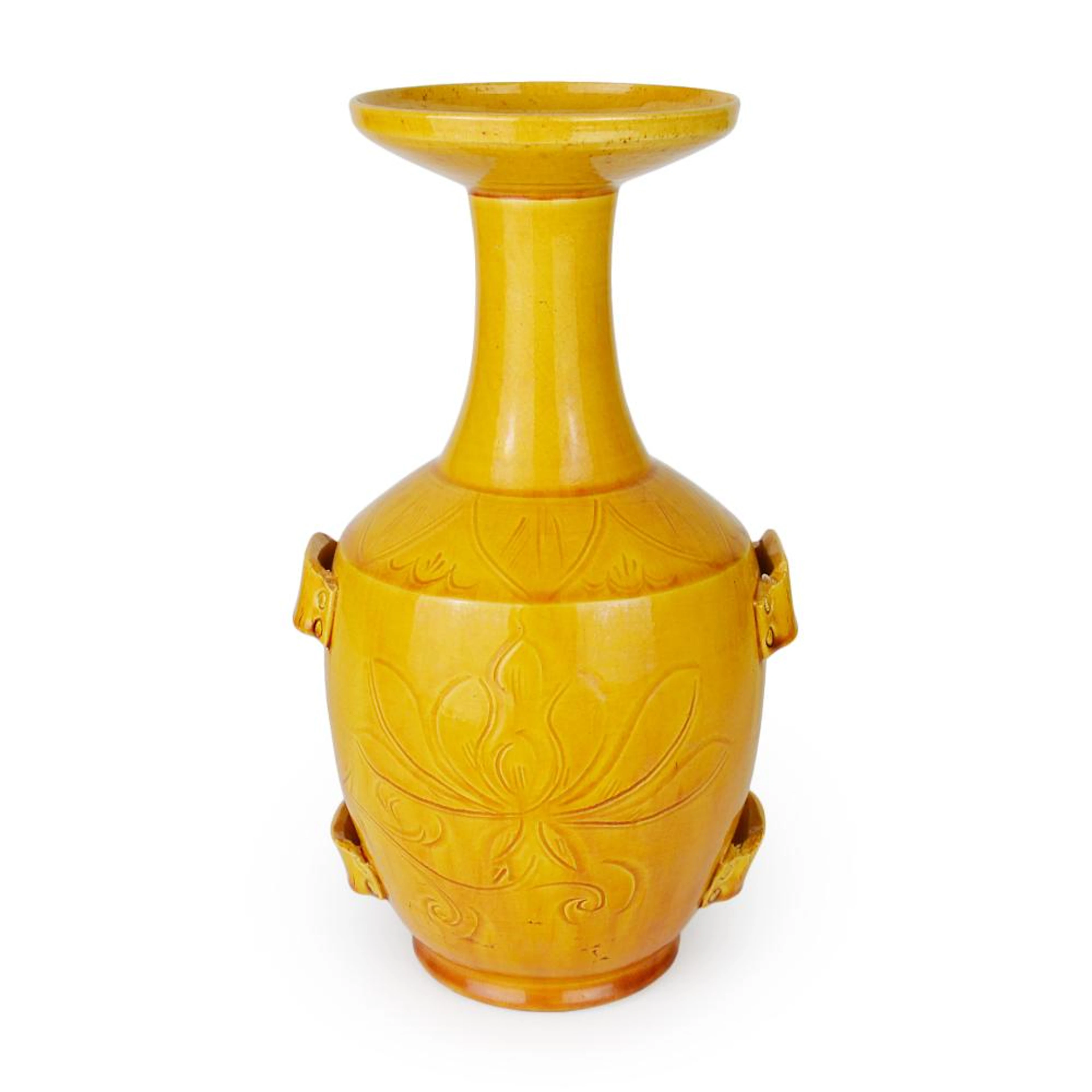 Northern Song Dynasty, Yaozhou Yellow-Glazed Floral Vase with Dish-mouth Rim 北宋 耀州窑黄釉刻花莲纹四繫盘口瓶