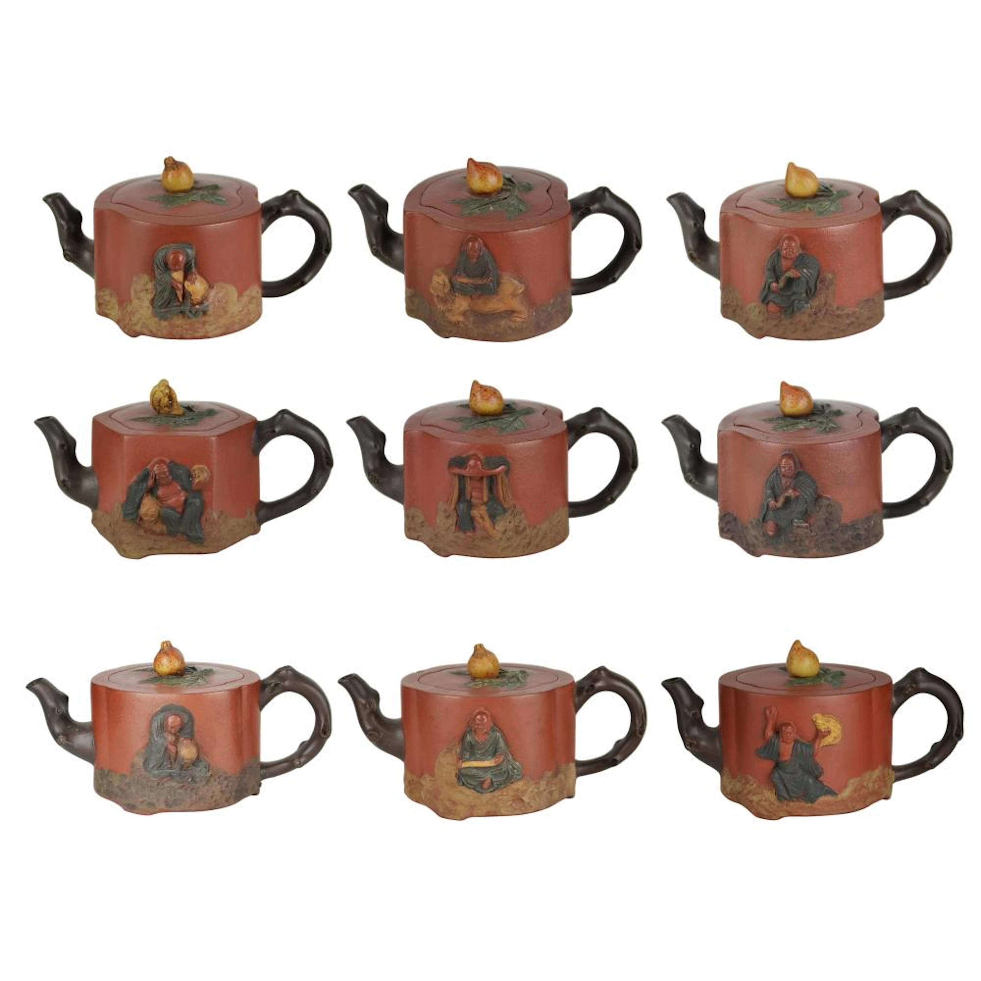 Jiang Rong, A Set of Nine Molded Eighteen-Luohan Yixing Zisha Teapots 蒋蓉 塑雕十八罗汉紫砂壶一组九件
