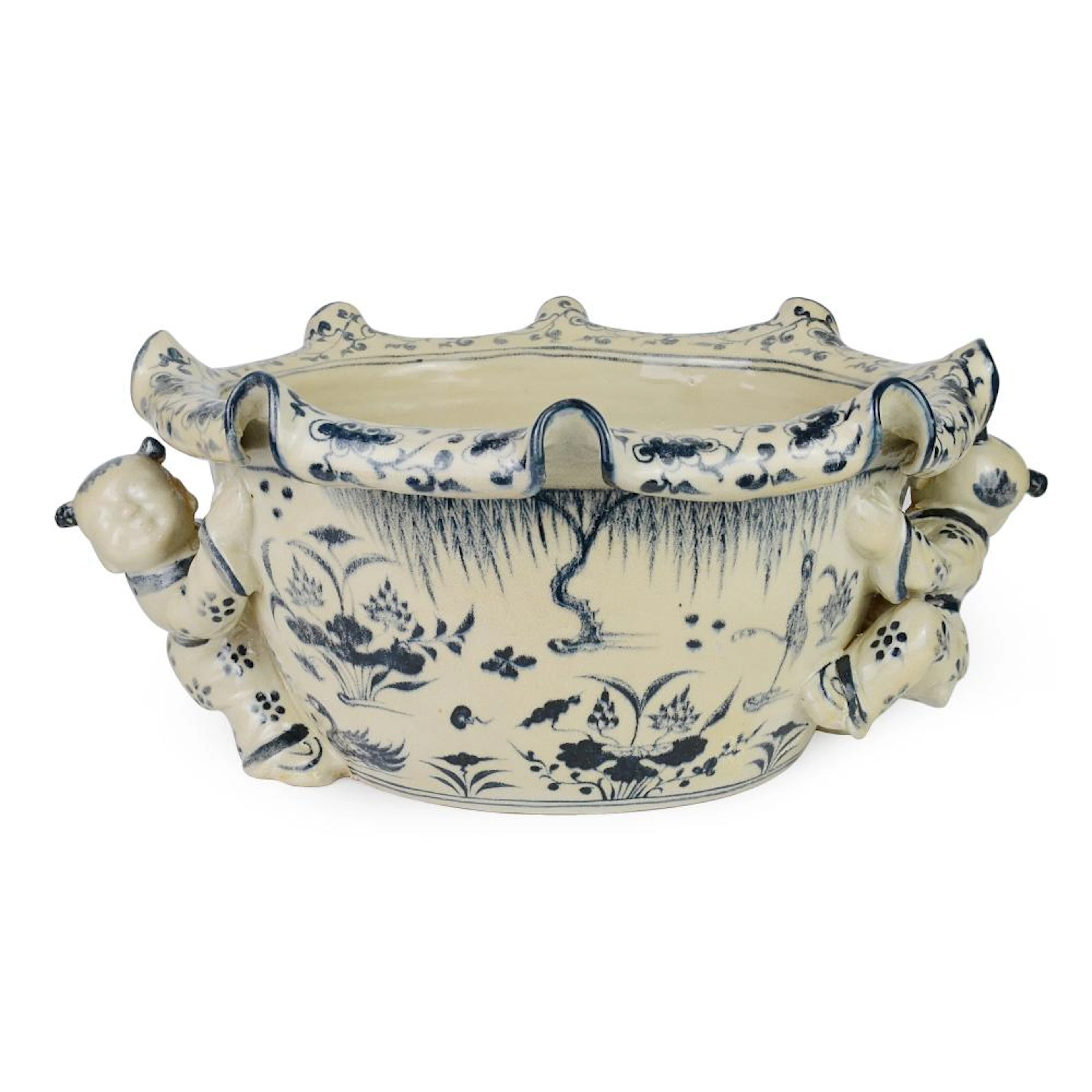 Ming Dynasty, Blue and White Oval Bowl with Lotus Pond scene and Applied Children 明 宣德 青花塑雕莲池鸳鸯童戏耳反口椭圆大盘