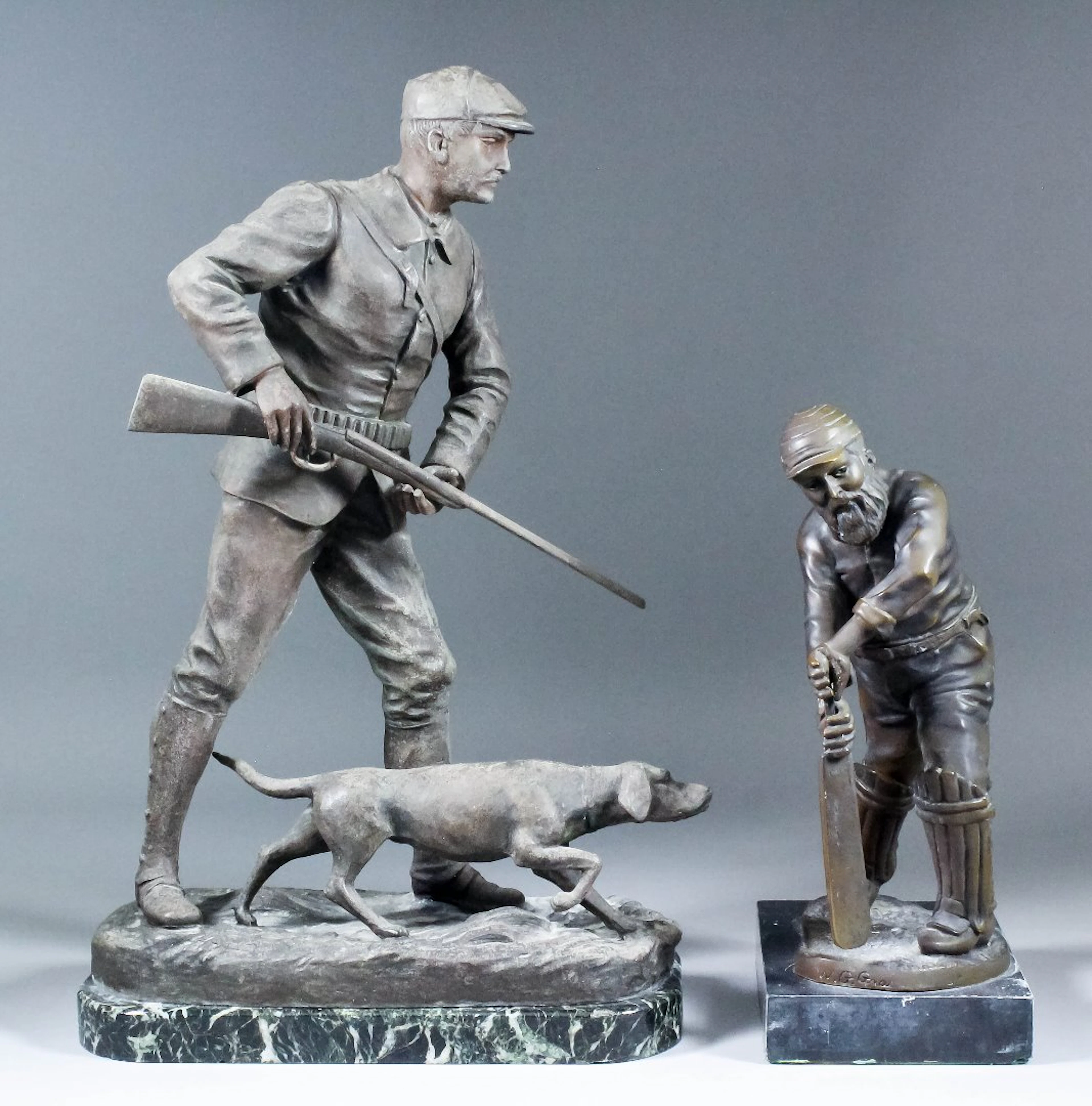 After Henry Fugere (1872-1944) - Bronzed spelter figure of a huntsman with dog