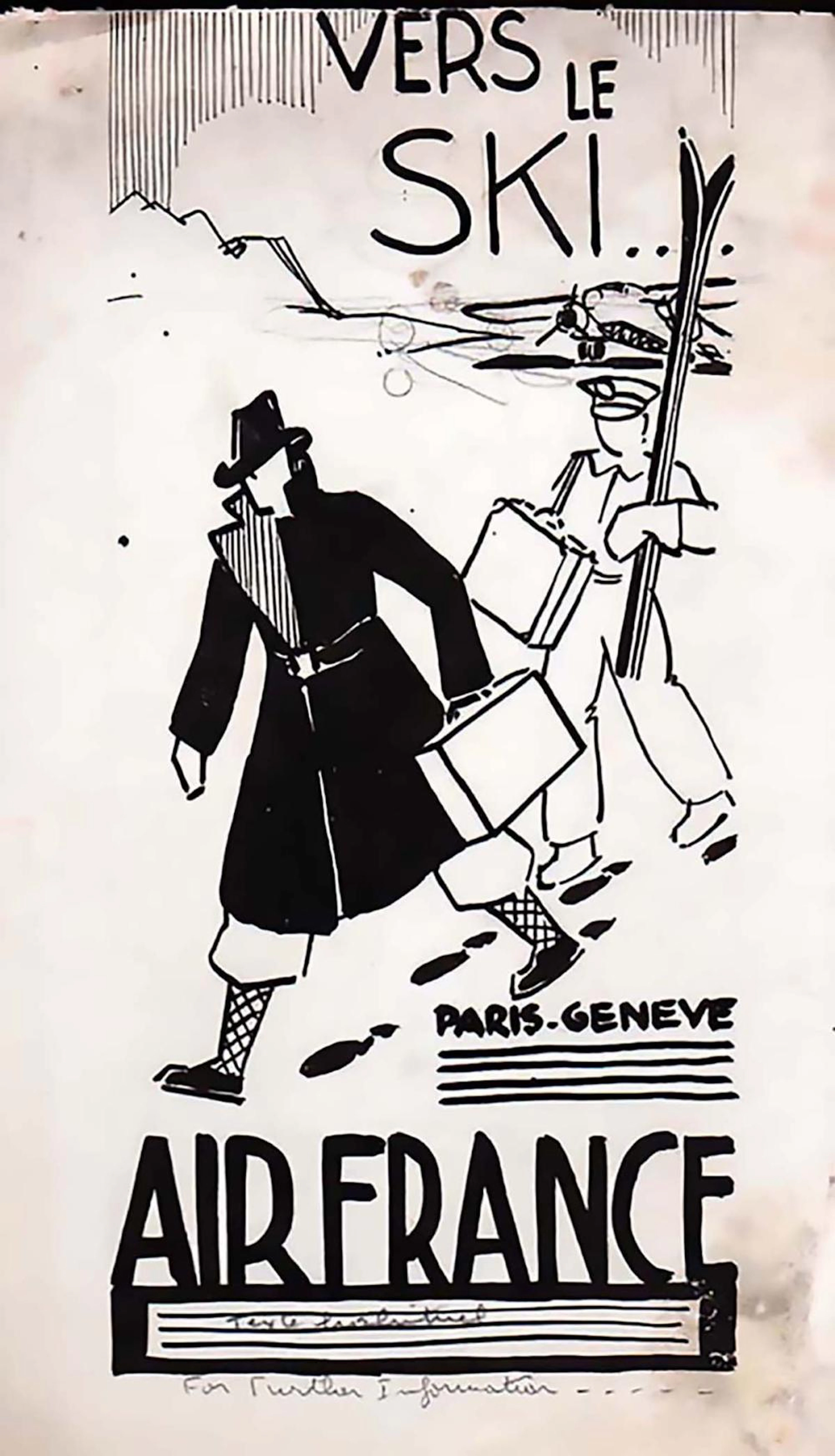 Vers le Ski ?Paris Genève ? Air France dessin à l'encre...