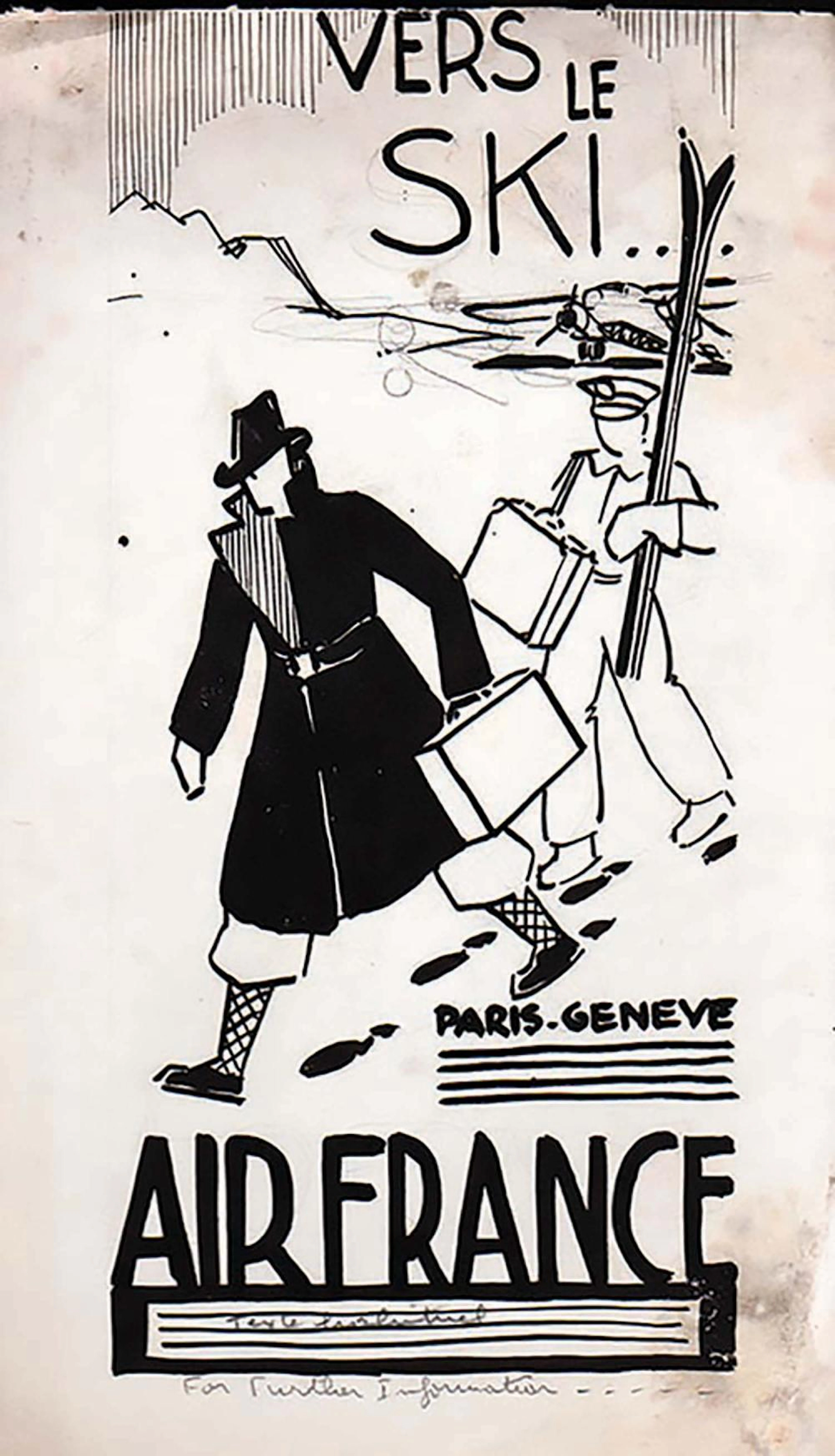 Vers le Ski ?Paris Genève ? Air France dessin à l'encre...